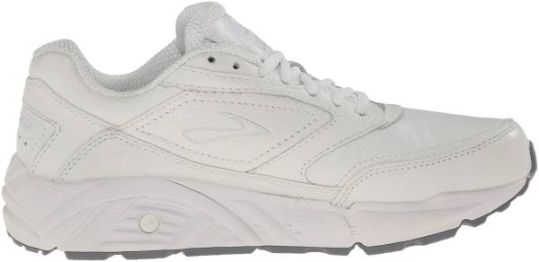 Side view on white background of Mens Brooks Addiction Walker running shoe in White, Medium (Regular) width