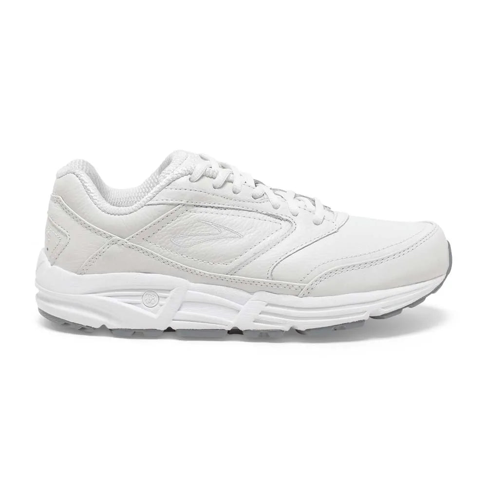 Side view on white background of Womens Brooks Addiction Walker running shoe in White, Medium (Regular) width