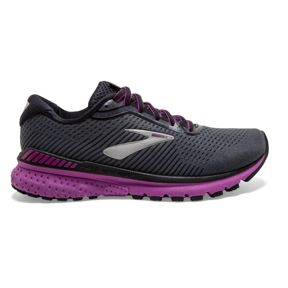 Side view on white background of Womens Brooks Adrenaline GTS 20 running shoe in Ebony/Black/Hollyhock, Wide width