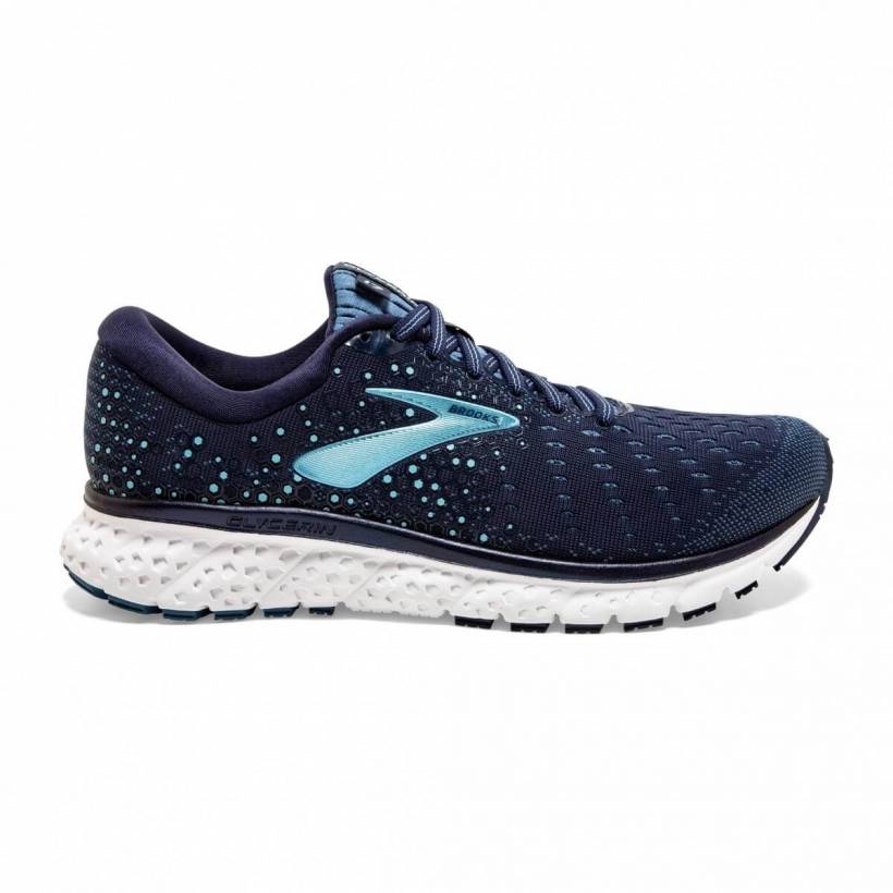 Side view on white background of Womens Brooks Glycerin 17 running shoe in Navy/Stellar/Blue, Medium (Regular) width