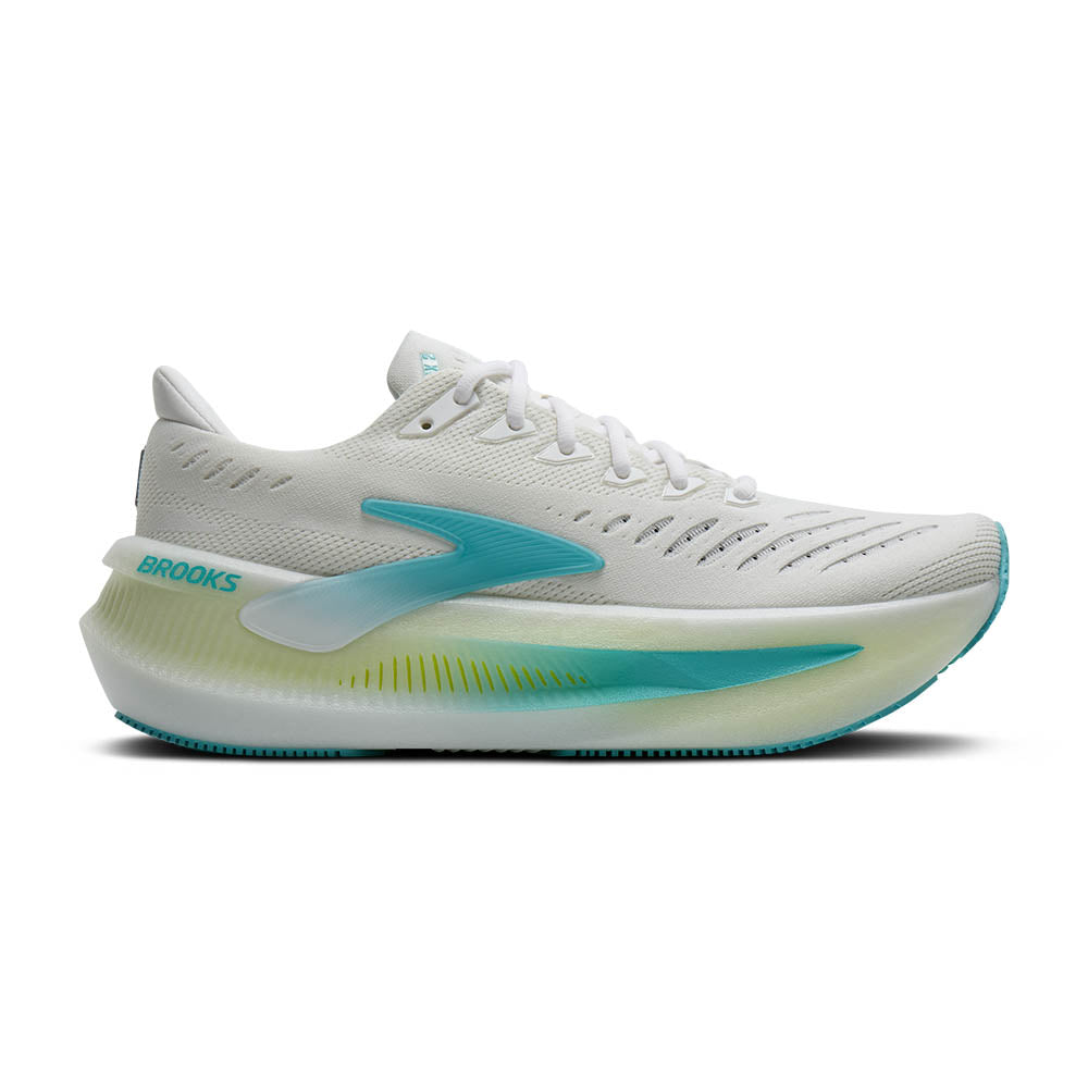 Side view on white background of Mens Brooks Glycerin Max 2 running shoe in White/Ipanema/Nightlife, Medium (Regular) width