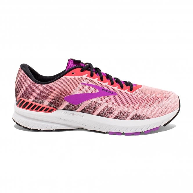 Side view on white background of Womens Brooks Ravenna 10 running shoe in Coral/Purple/Black, Medium (Regular) width