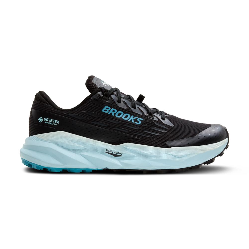 Side view on white background of Womens Brooks Cascadia 19 GTX running shoe in Black/Ebony/Blue Flower, Medium (Regular) width