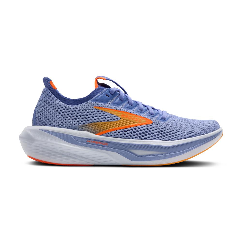 Side view on white background of Womens Brooks Hyperion 3 running shoe in Blue Heron/Orange/White, Medium (Regular) width