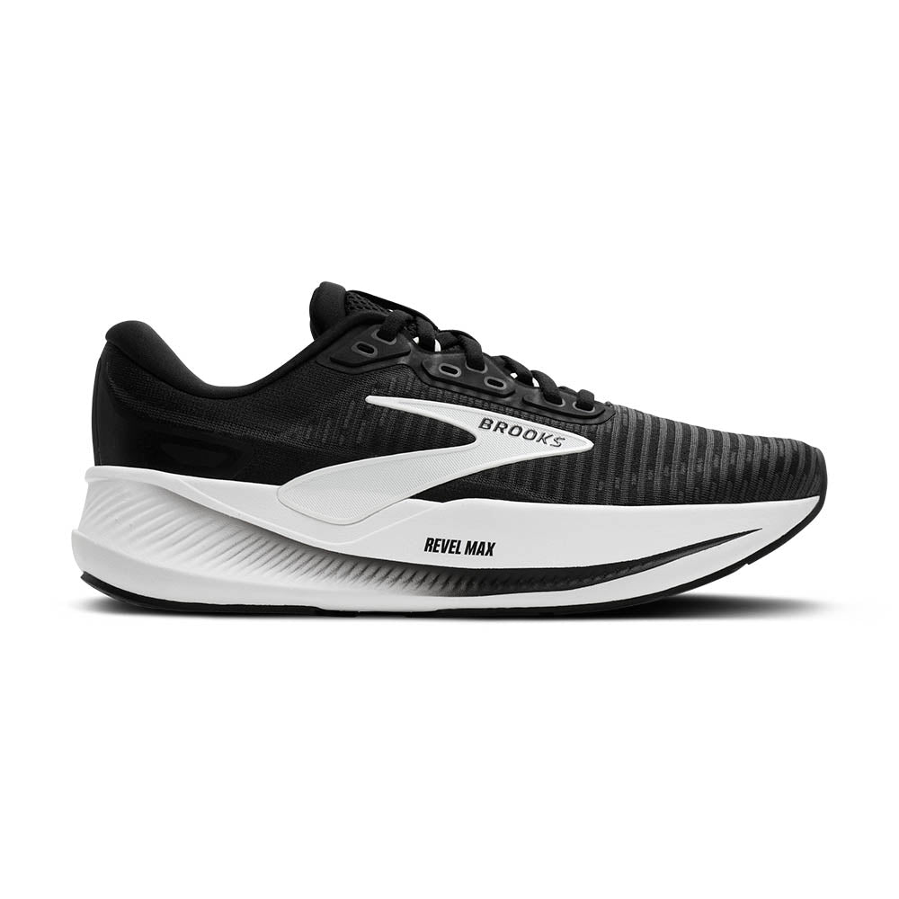 Side view on white background of Womens Brooks Revel Max running shoe in Black/Grey/White, Medium (Regular) width
