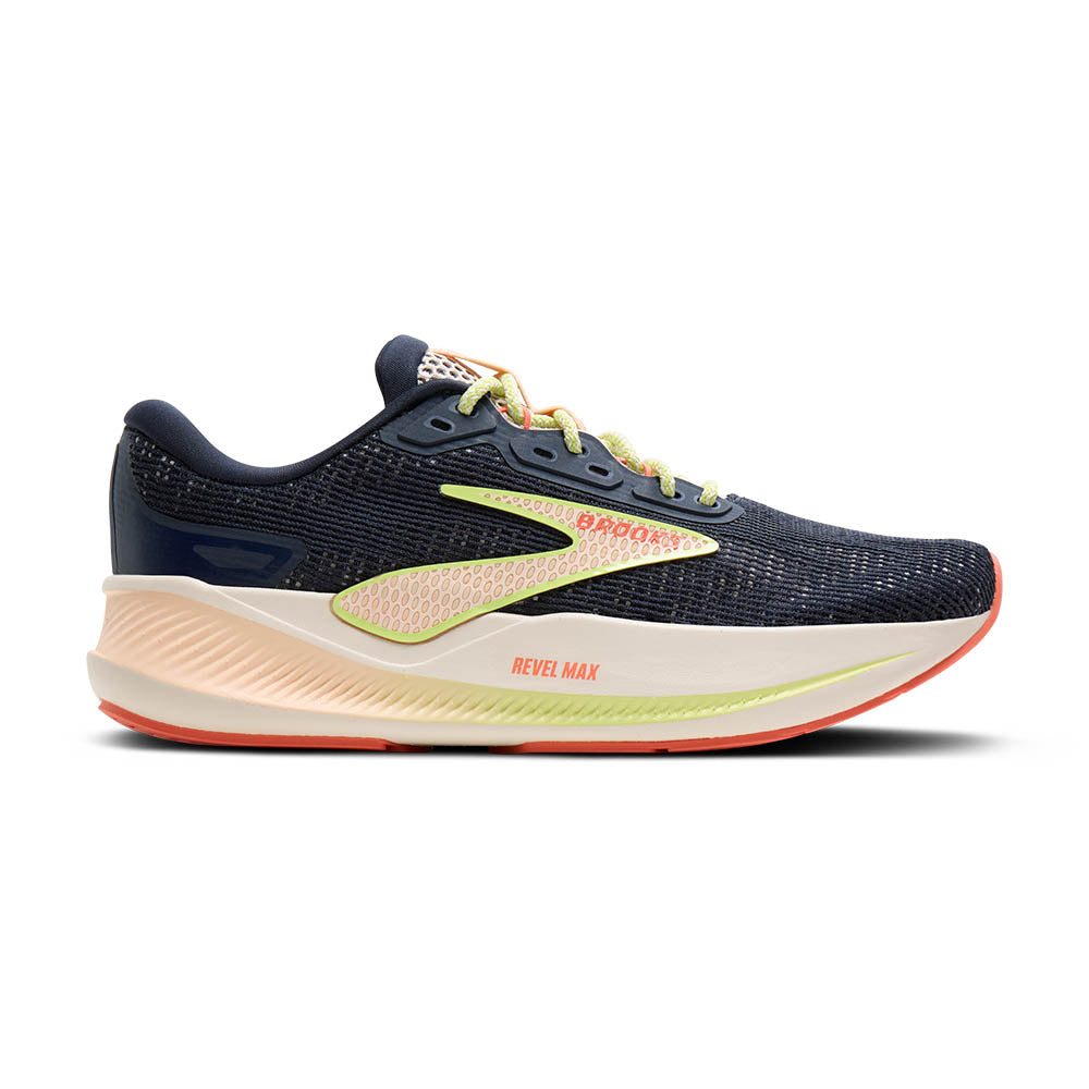 Side view on white background of Womens Brooks Revel Max running shoe in Indigo/Pastel/Quince, Medium (Regular) width