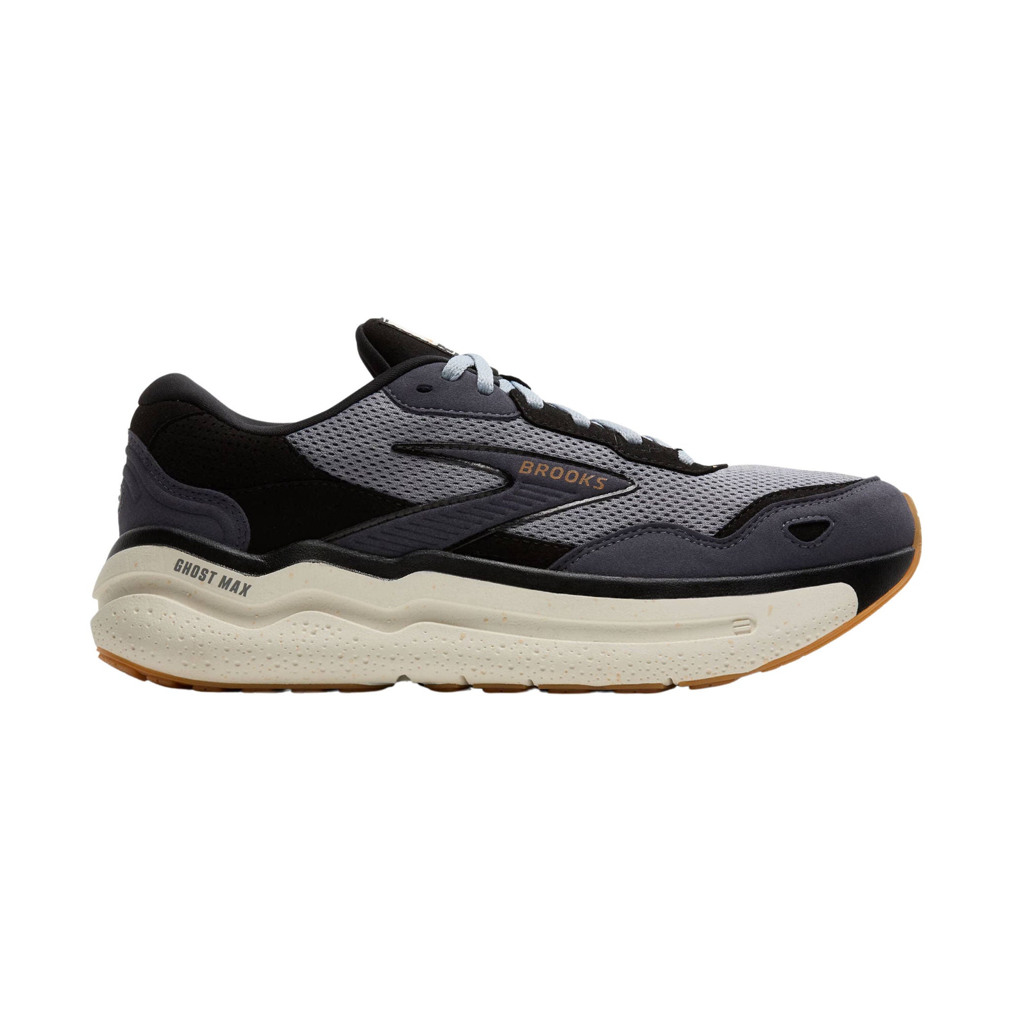 Side view on white background of Womens Brooks Ghost Max SE running shoe in Black/Primer/Biscuit, Medium (Regular) width