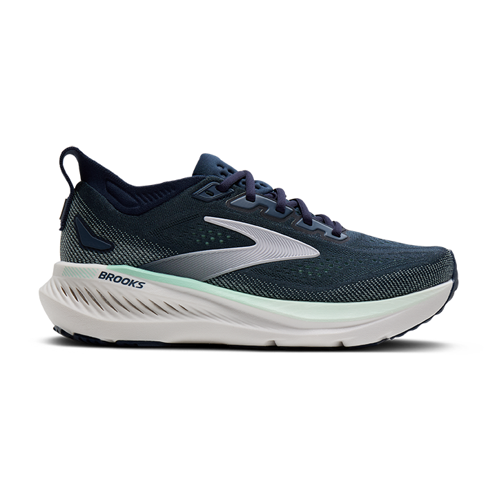 Side view on white background of Womens Brooks Glycerin GTS 23 running shoe in Spellbound/Yucca/Pink, Extra Wide width