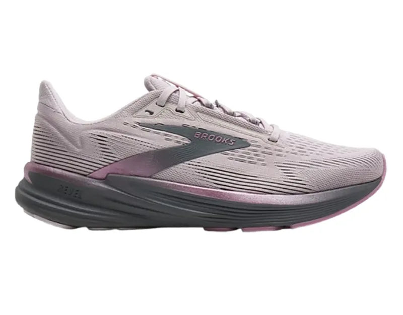 Side view on white background of Womens Brooks Revel 8 running shoe in Mauve/Ebony/Pink, Medium (Regular) width