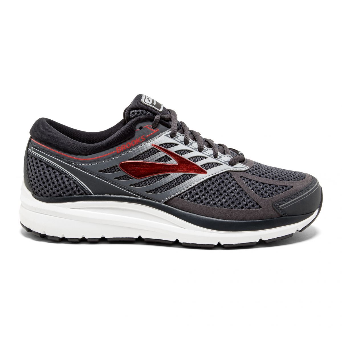 Side view on white background of Mens Brooks Addiction 13 running shoe in Ebony/Black/Red, Medium (Regular) width