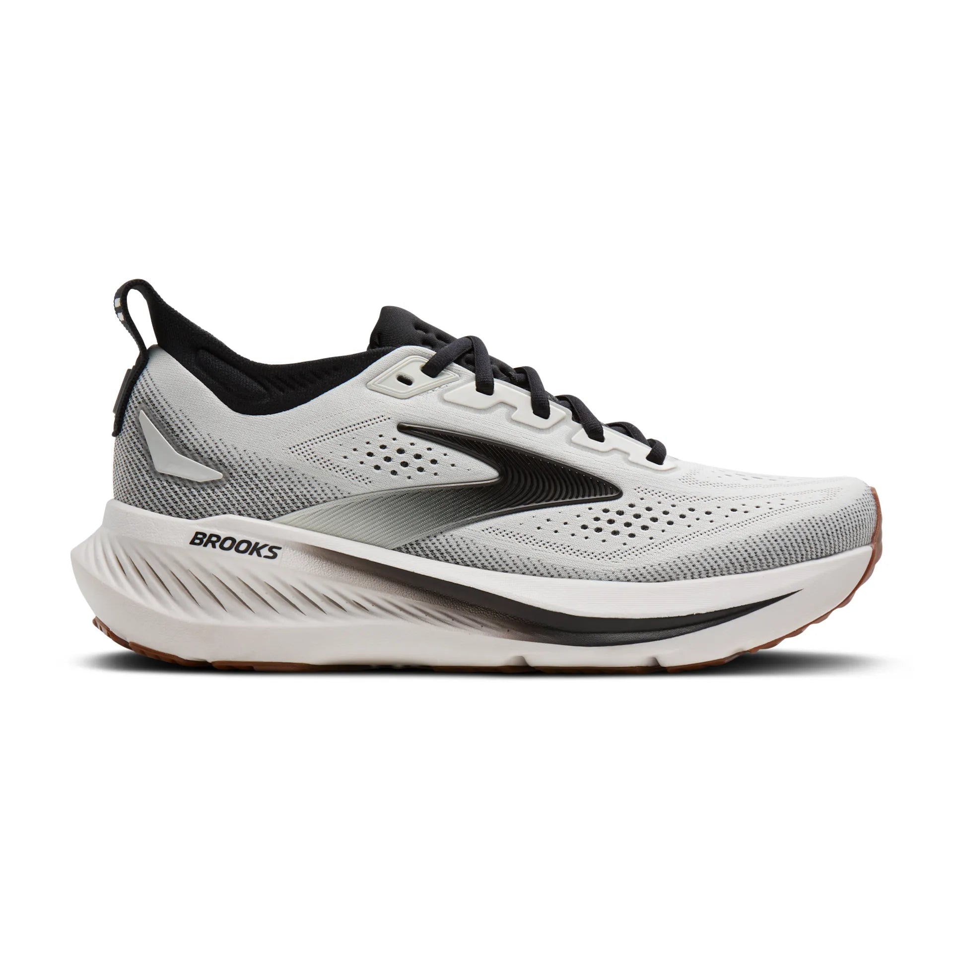 Side view on white background of Mens Brooks Glycerin 23 running shoe in White/Black/Gum, Wide width