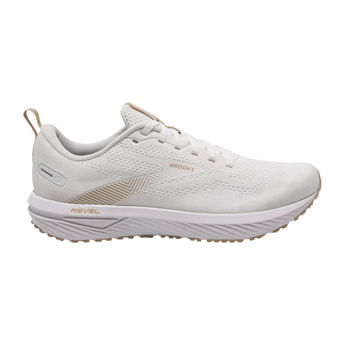 Side view on white background of Womens Brooks Revel 6 running shoe in White/Khaki, Medium (Regular) width