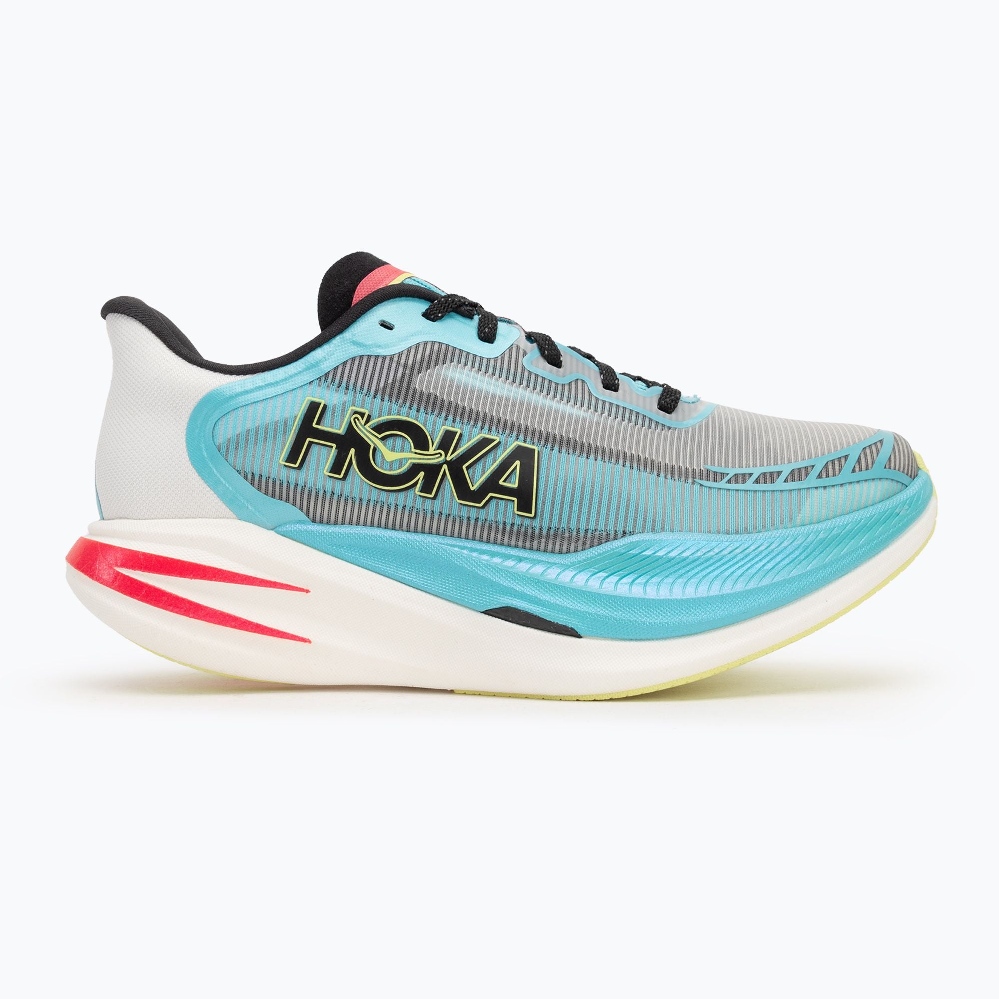 Side view on white background of Women's Hoka Cielo X1 2.0 running shoe in Frost/Black, Medium (Regular) width