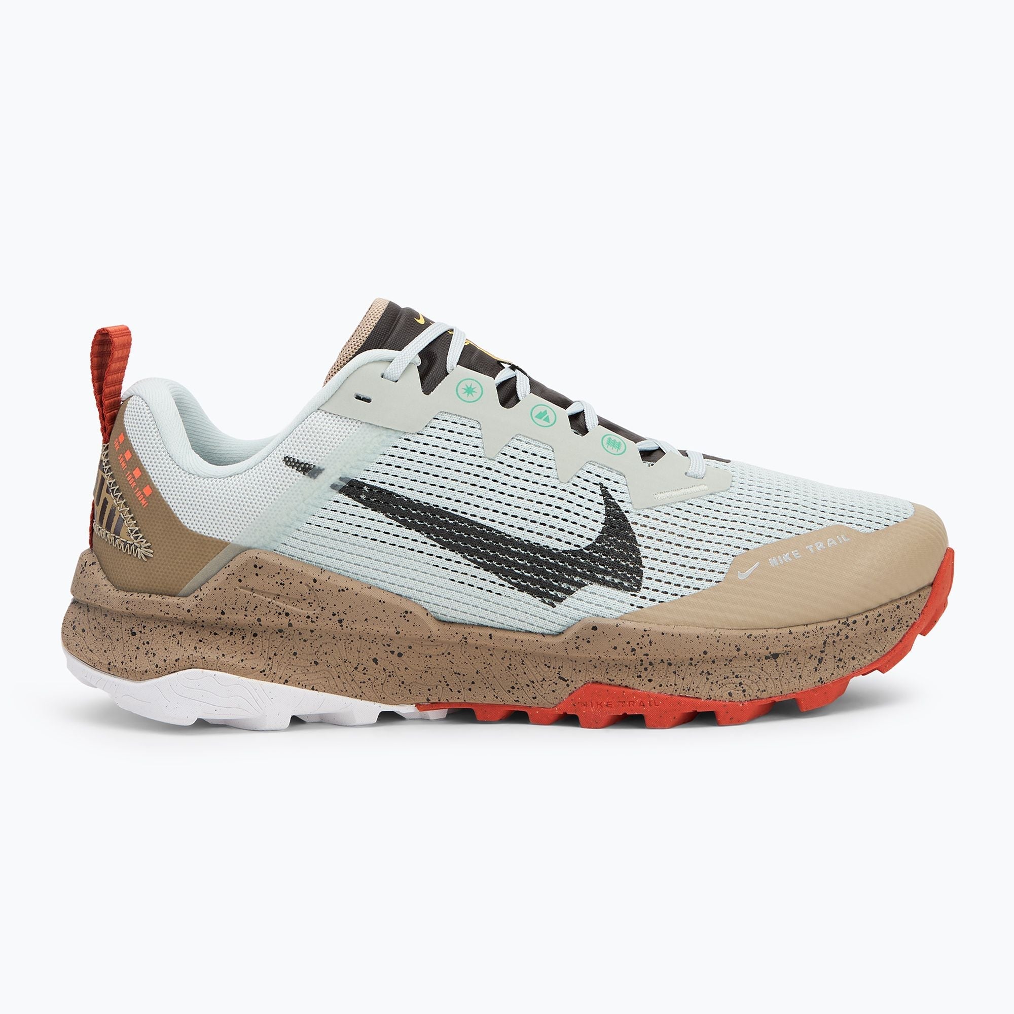 Side view on white background of Mens Nike Wildhorse 8 running shoe in Light Silver/Velvet Brown, Medium (Regular) width