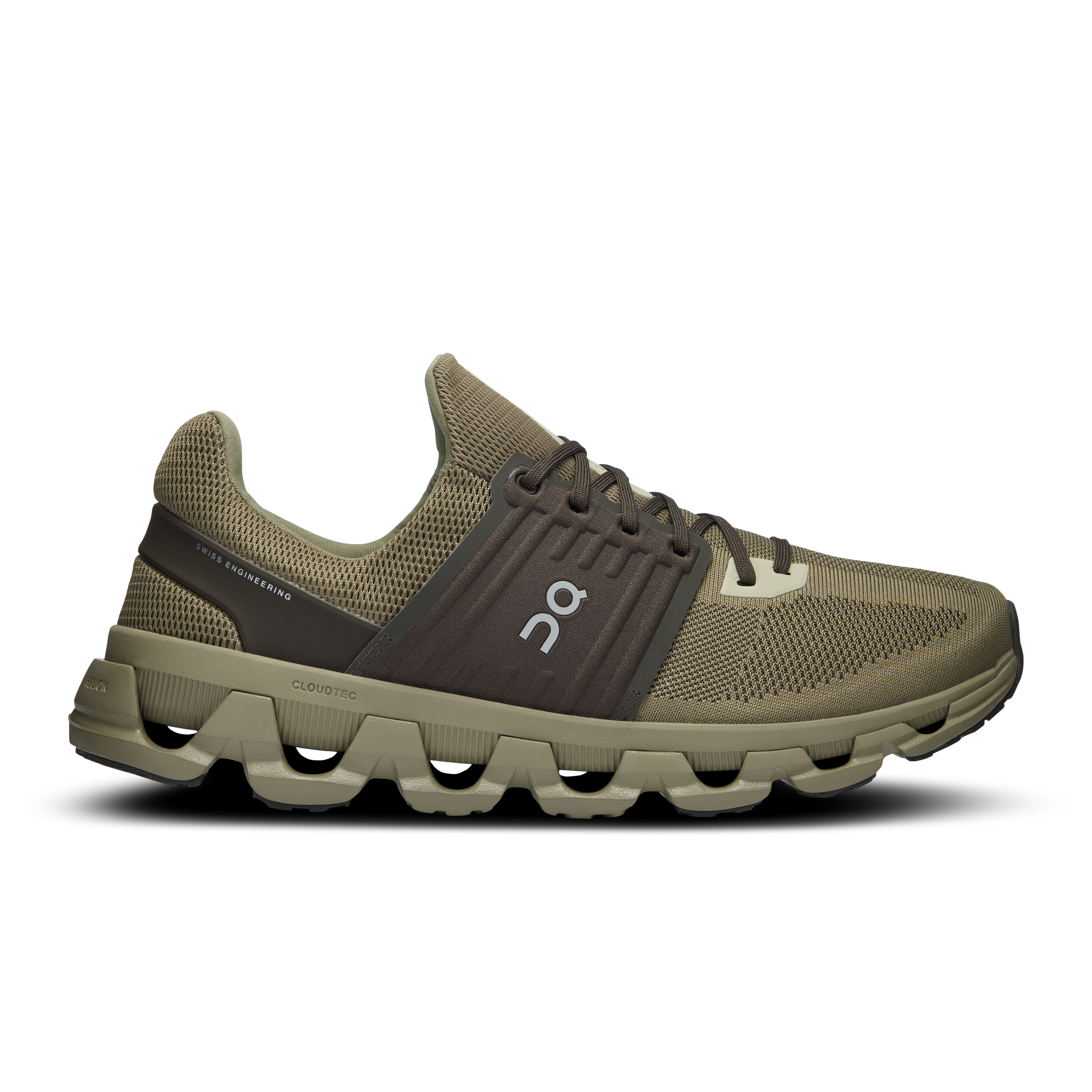 Side view on white background of Mens On Cloudswift 3 AD running shoe in Grove/Thorn, Medium (Regular) width