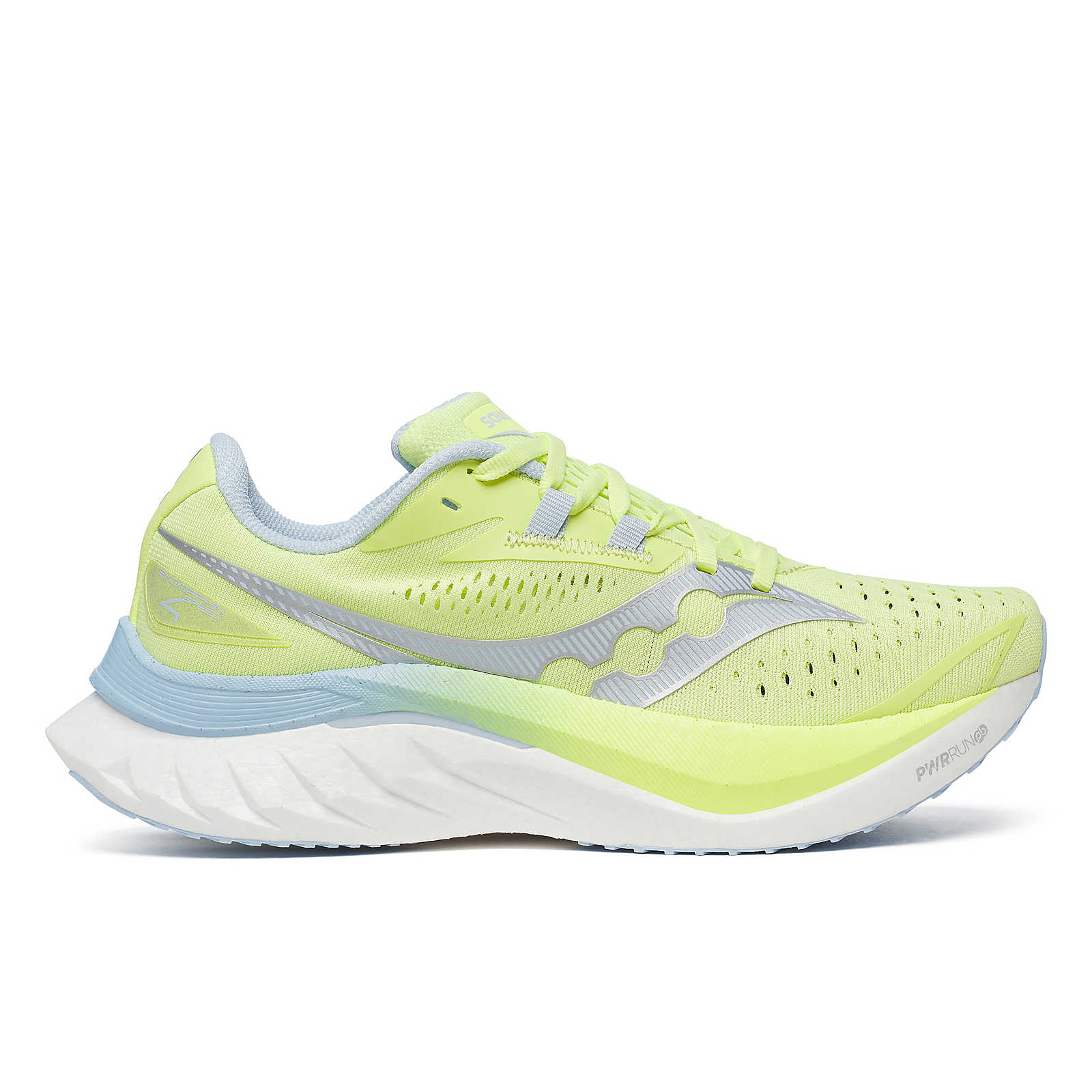 Side view on white background of Womens Saucony Endorphin Speed 4 running shoe in Sunny/Ballad, Medium (Regular) width