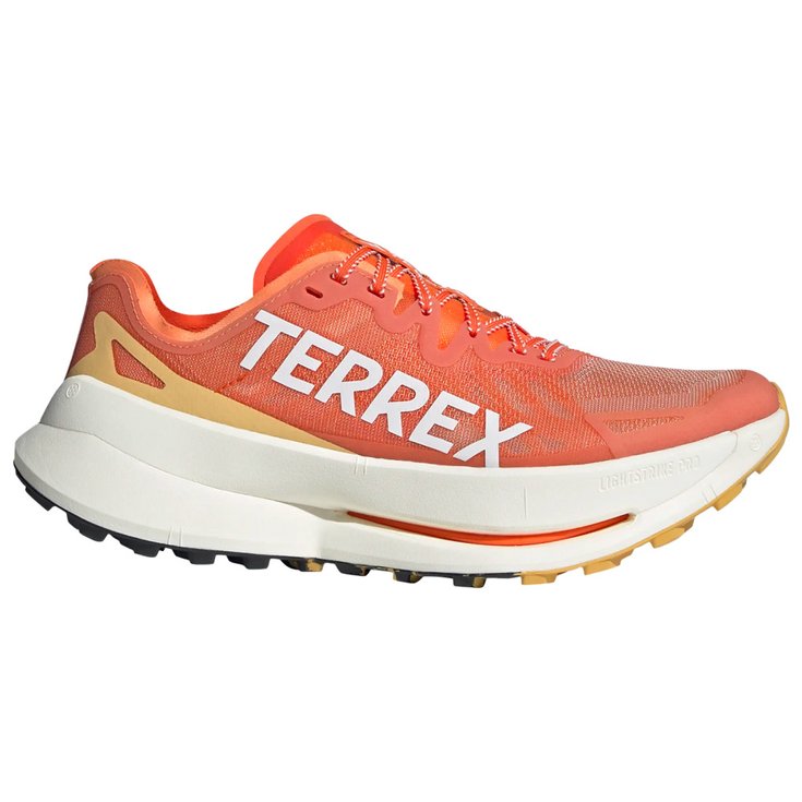 Side view on white background of Mens Adidas Terrex Agravic Speed Ultra running shoe in Impact Orange/Crystal White/Semi Spark, Medium (Regular) width