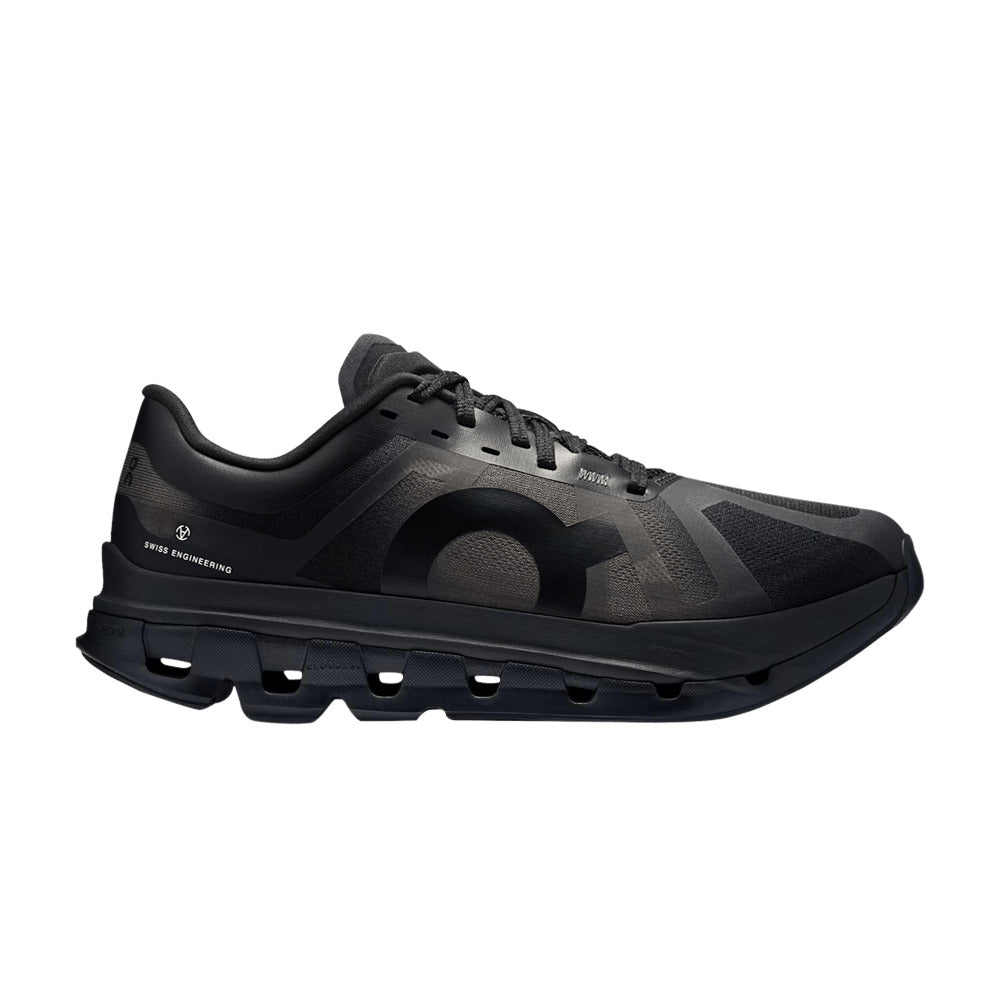 Side view on white background of Mens On Cloudflow 5 Slam Jam running shoe in Gull/Black, Medium (Regular) width