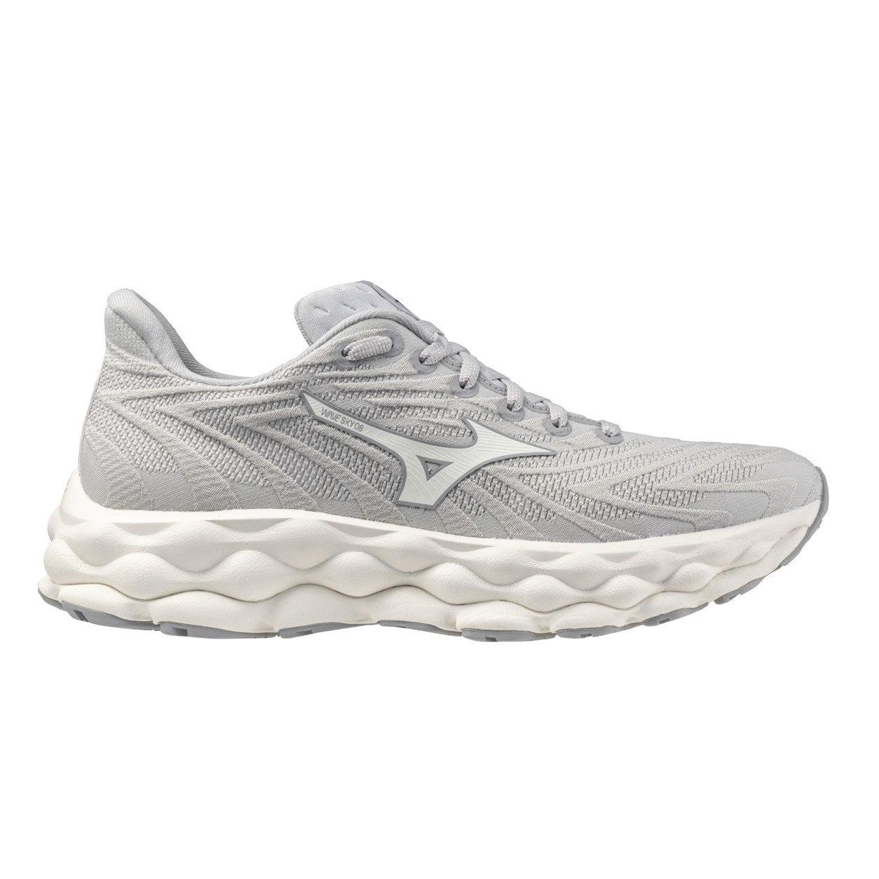 Mizuno Wave Sky 8 Womens running shoes in Harbor Mist/White - side view on white background
