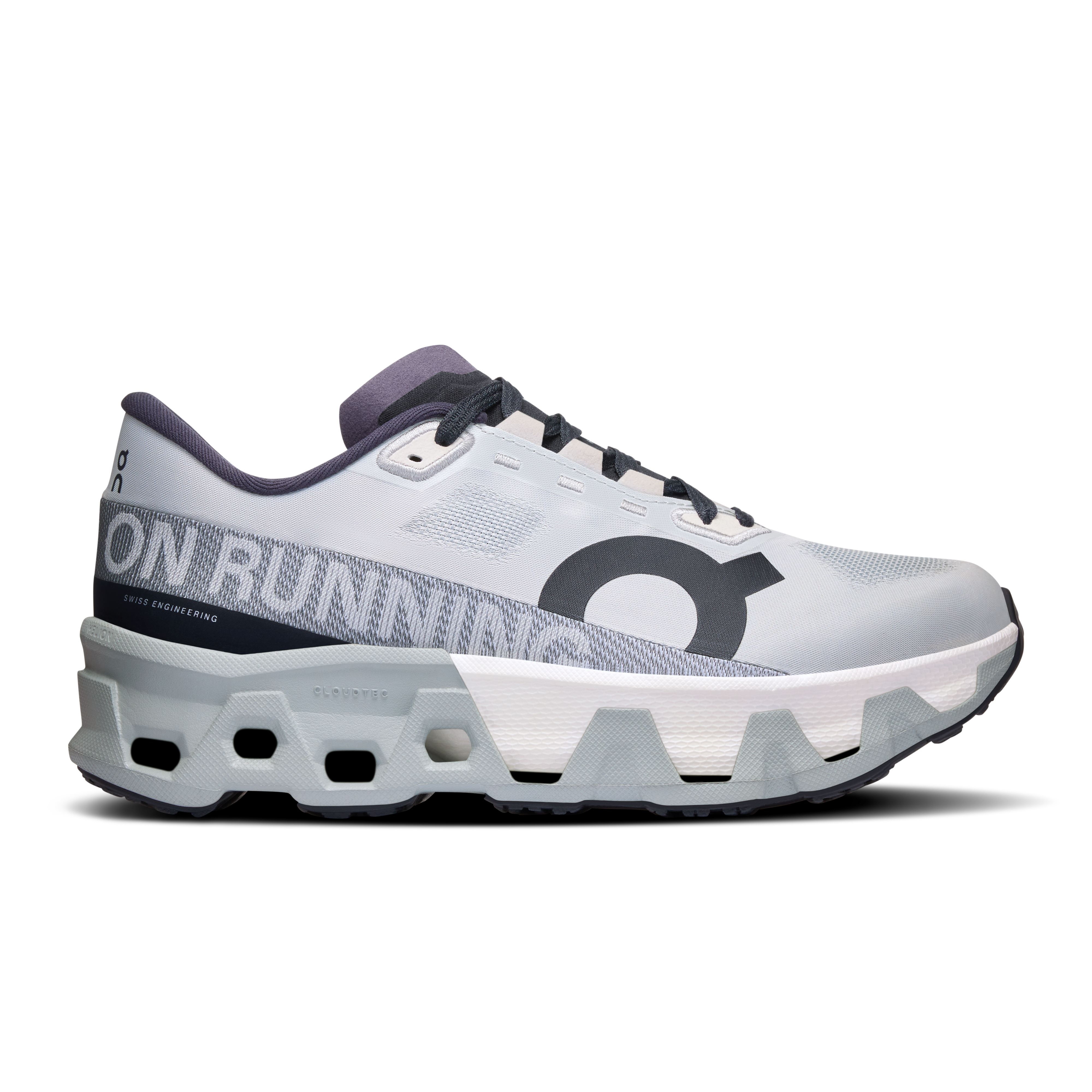Side view on white background of Womens On Cloudmonster Hyper running shoe in Glacier/Ivory, Medium (Regular) width