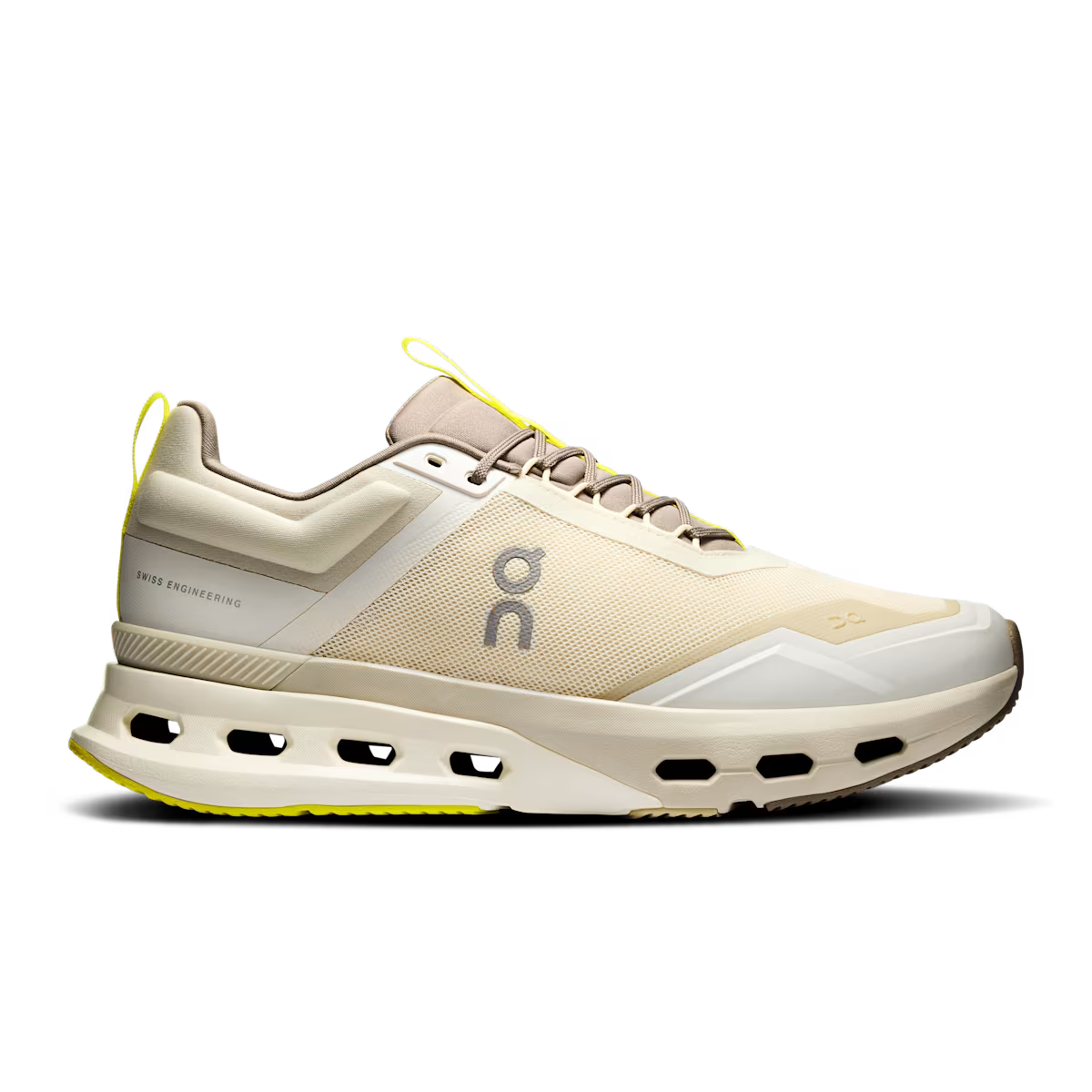 Side view on white background of Mens On Cloudnova X running shoe in Ghost/Cinder, Medium (Regular) width