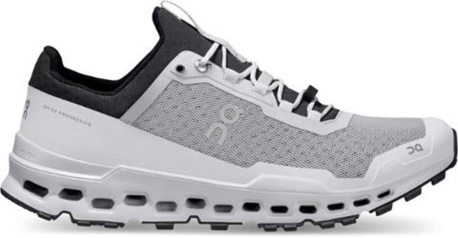 Side view on white background of Mens On Cloudultra running shoe in Glacier/Frost, Medium (Regular) width