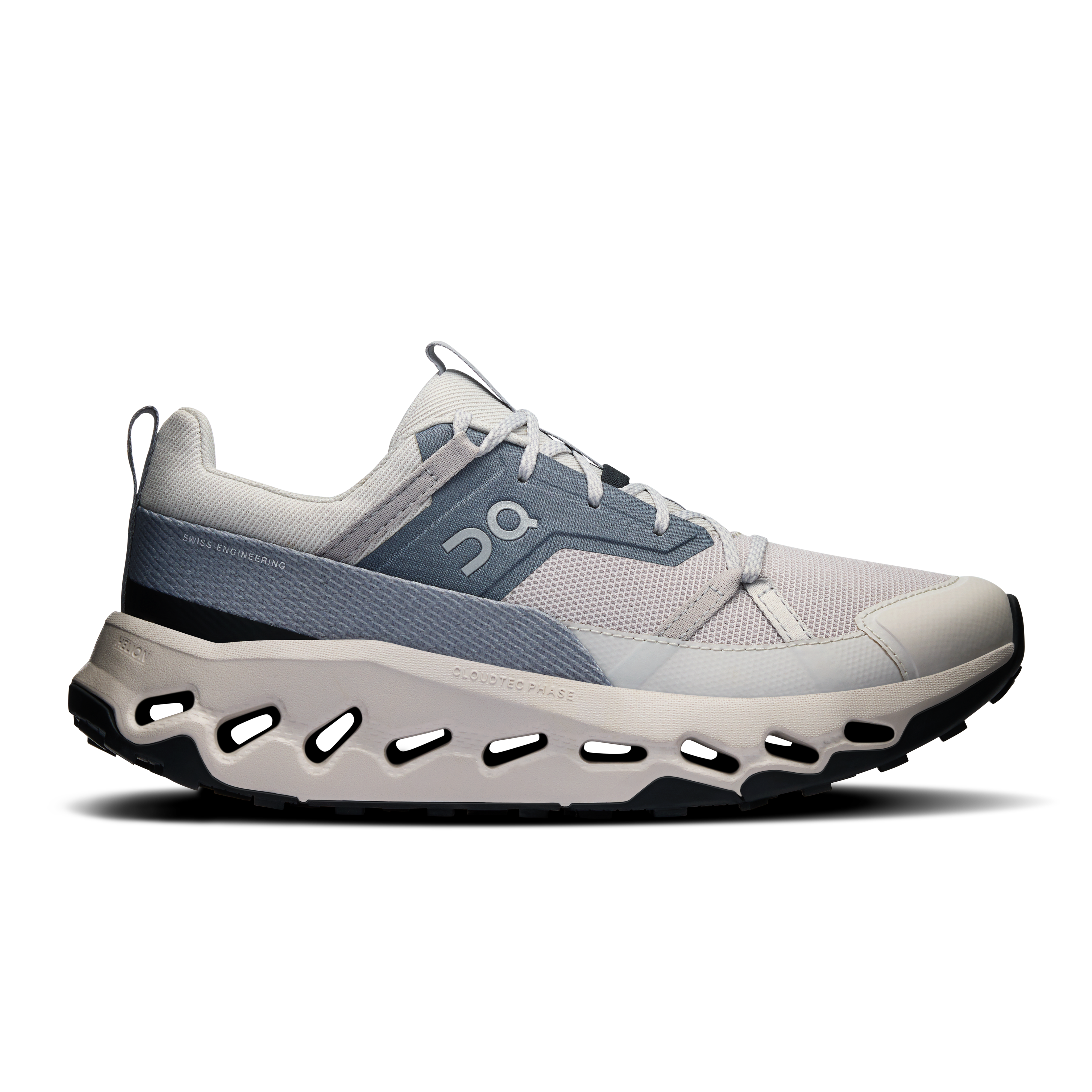 Side view on white background of Womens On Cloudhorizon running shoe in Alloy/Frost, Medium (Regular) width