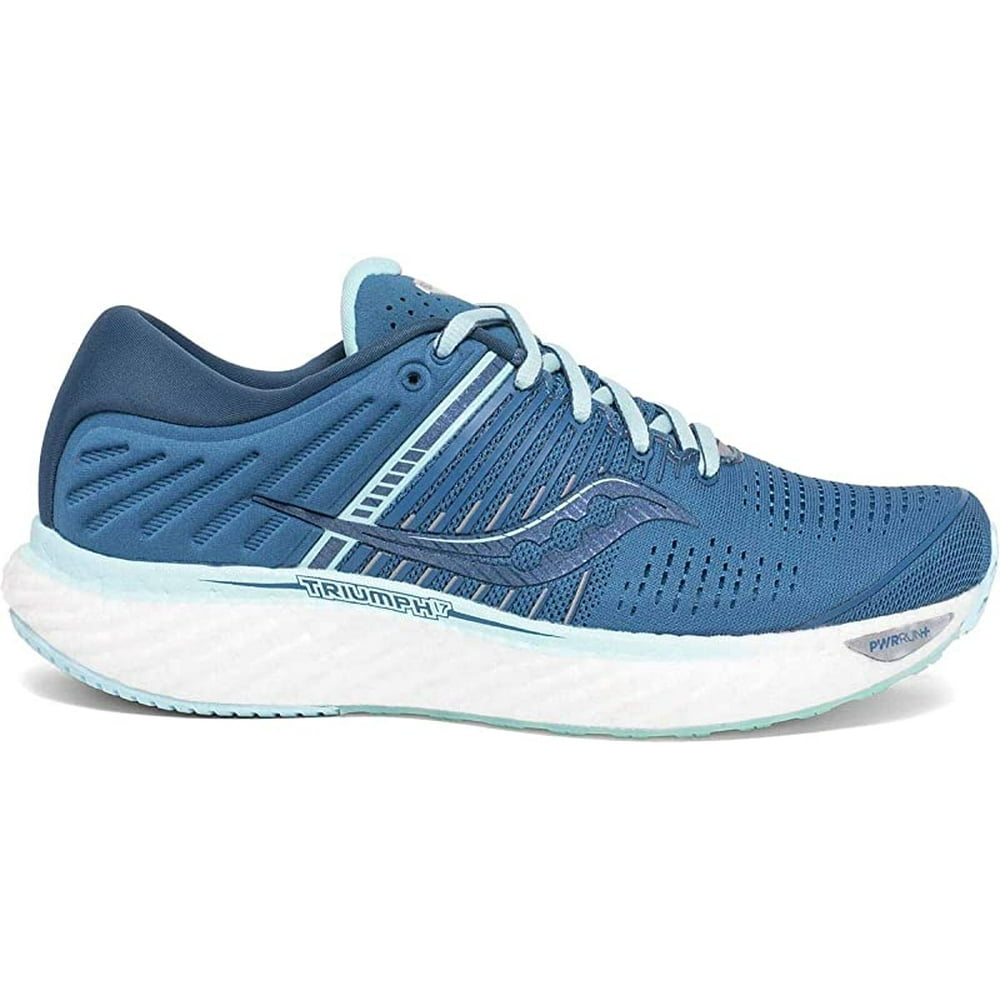 Side view on white background of Womens Saucony Triumph 17 running shoe in Blue/Aqua, Wide width
