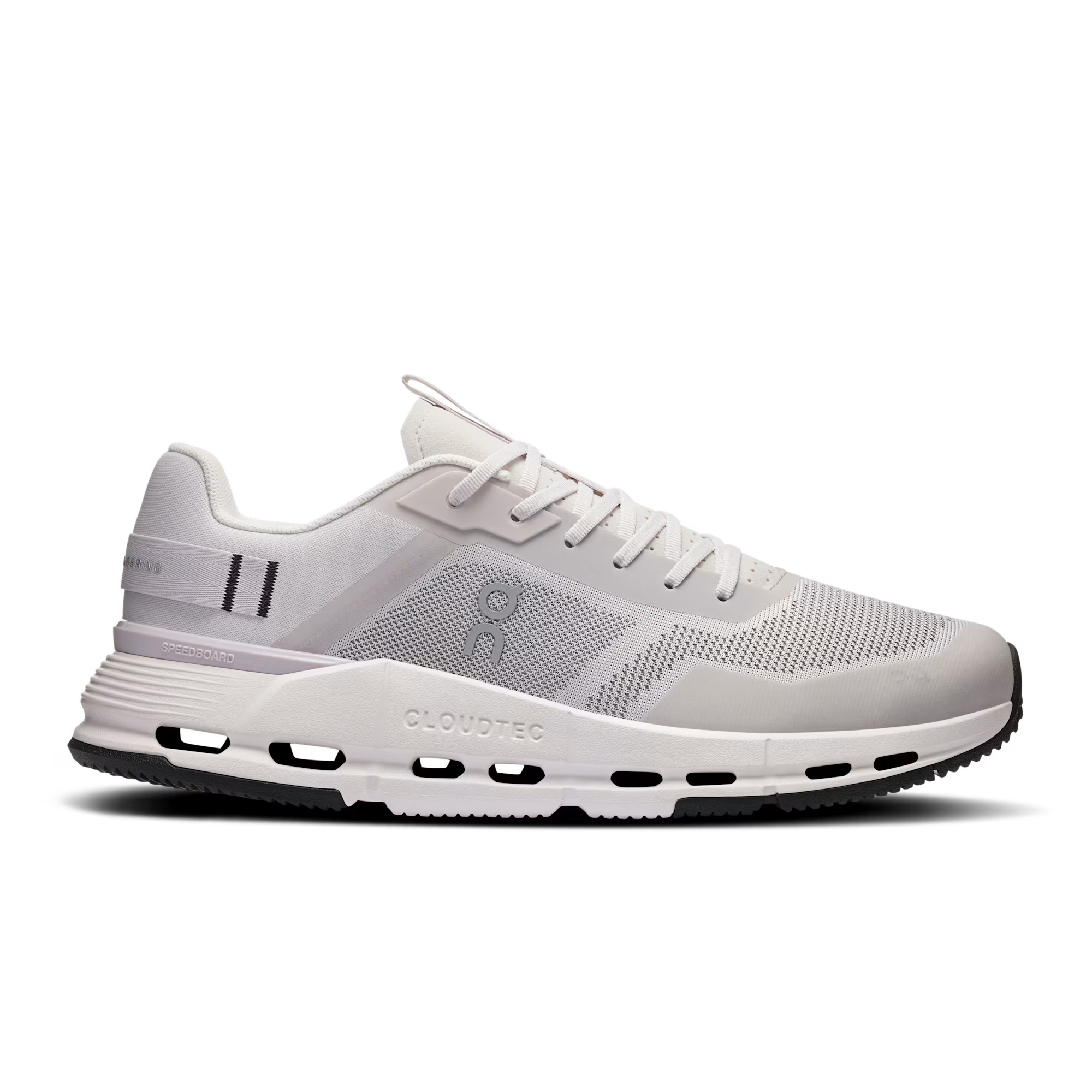 Side view on white background of Mens On Cloudnova Form 2 TT running shoe in Frost/White, Medium (Regular) width