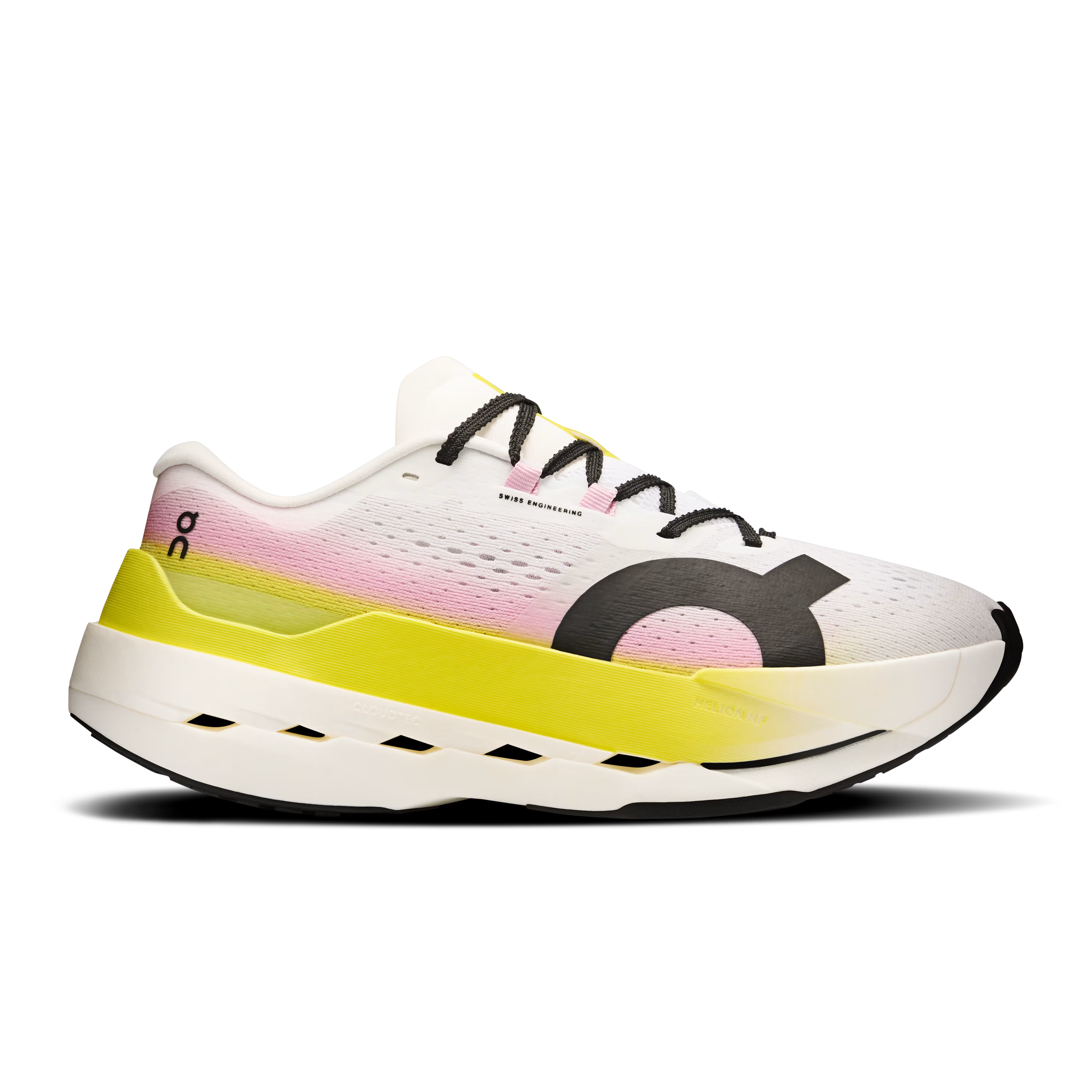 Side view on white background of Womens On Cloudboom Max running shoe in Lime/Raspberry, Medium (Regular) width