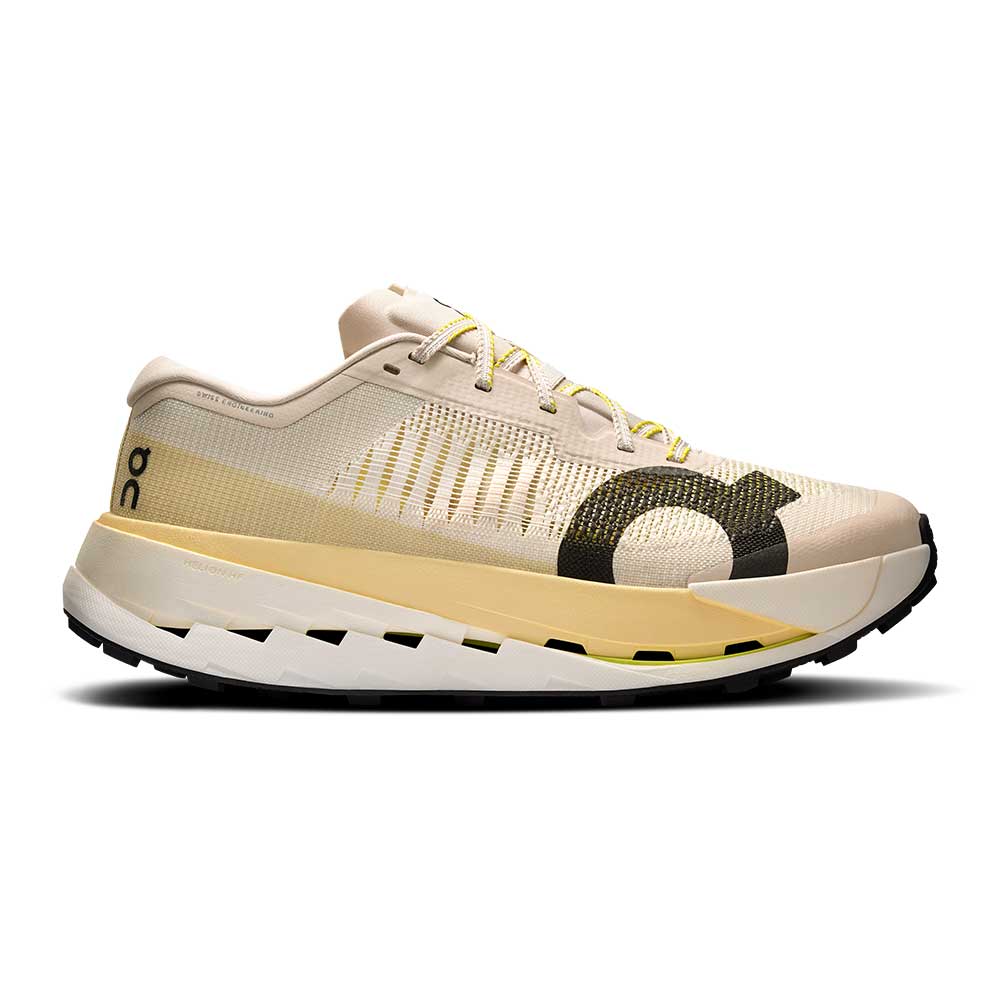 Side view on white background of Mens On Cloudultra Pro running shoe in Pearl/Lychee, Medium (Regular) width