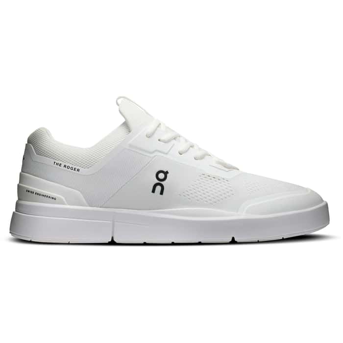 Side view on white background of Mens On The Roger Spin 2 running shoe in White/Black, Medium (Regular) width