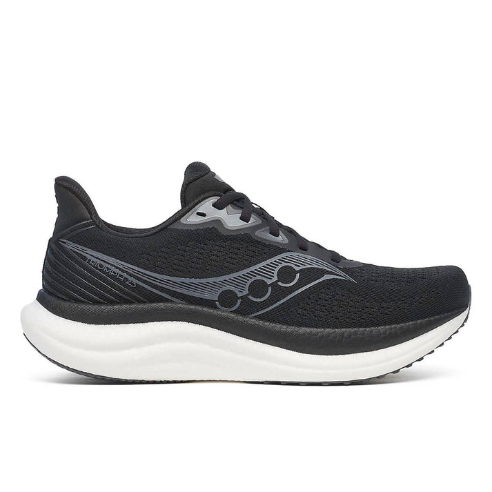Side view on white background of Mens Saucony Triumph 23 running shoe in Black/Whtie, Medium (Regular) width