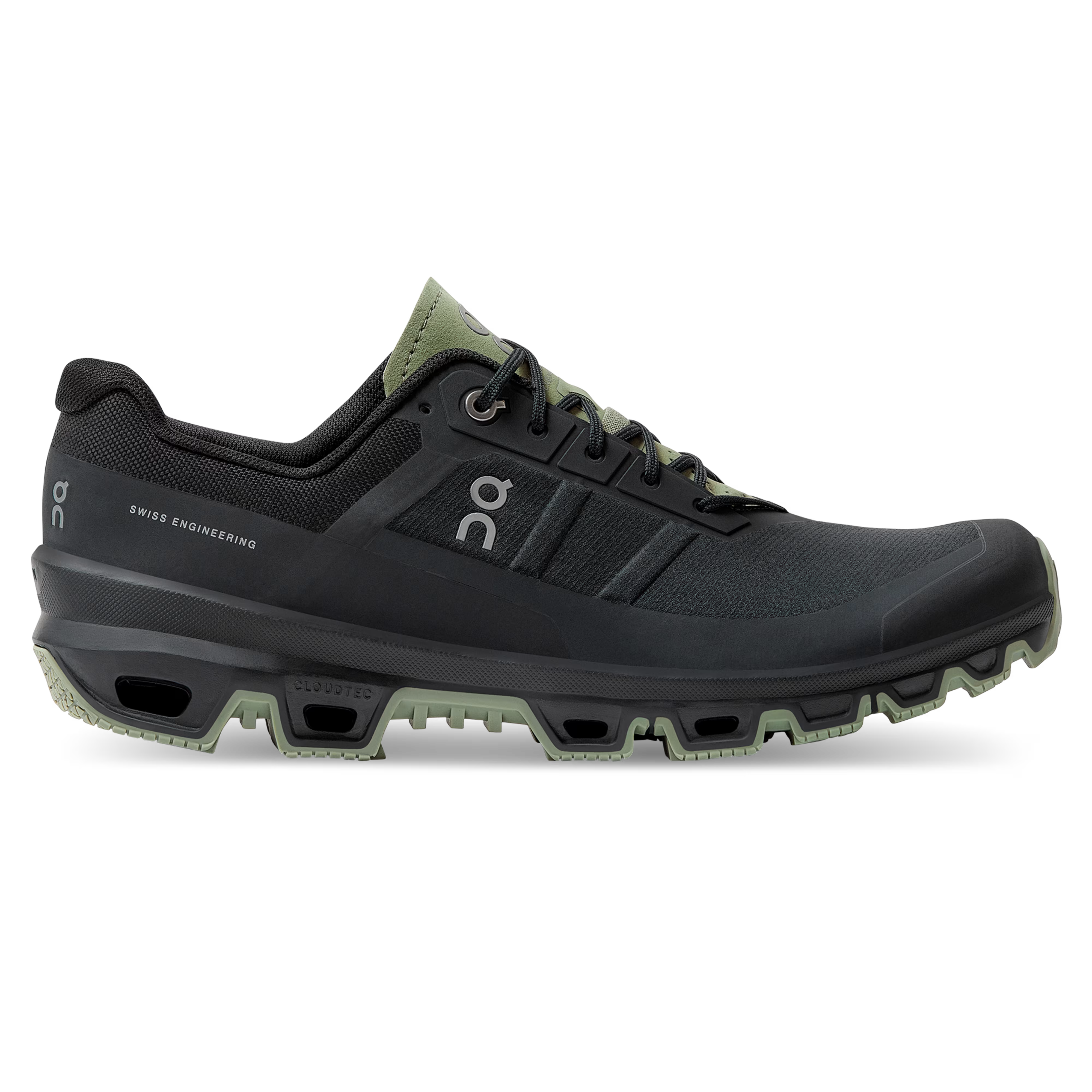Side view on white background of Mens On Cloudventure 3 running shoe in Black/Reseda, Medium (Regular) width