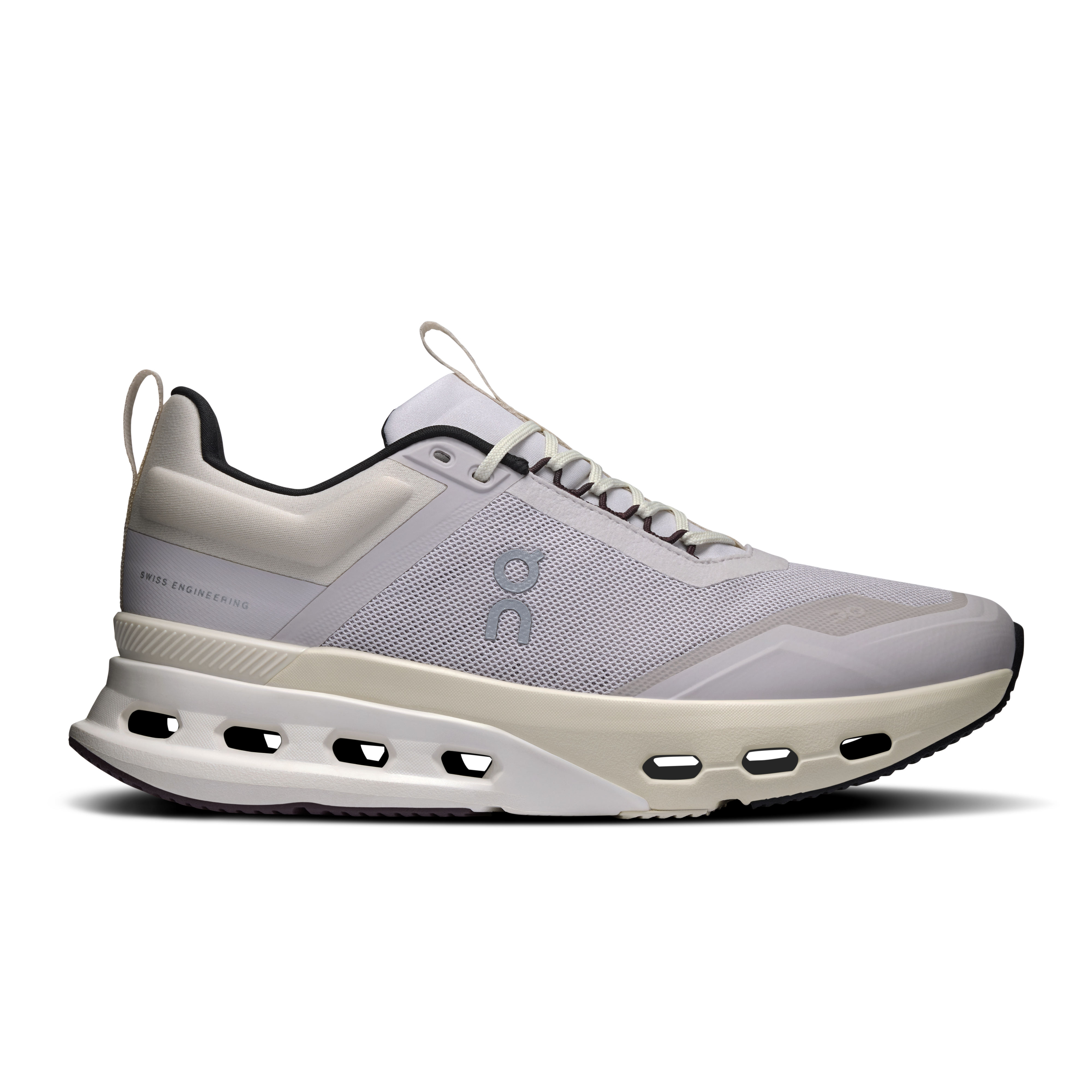 Side view on white background of Womens On Cloudnova X running shoe in Silver/Mulberry, Medium (Regular) width
