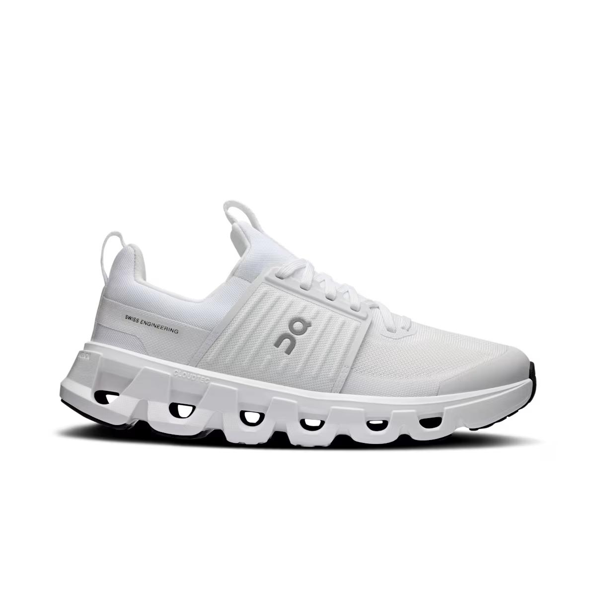Side view on white background of Kids On Cloudswift running shoe in White/White, Medium (Regular) width