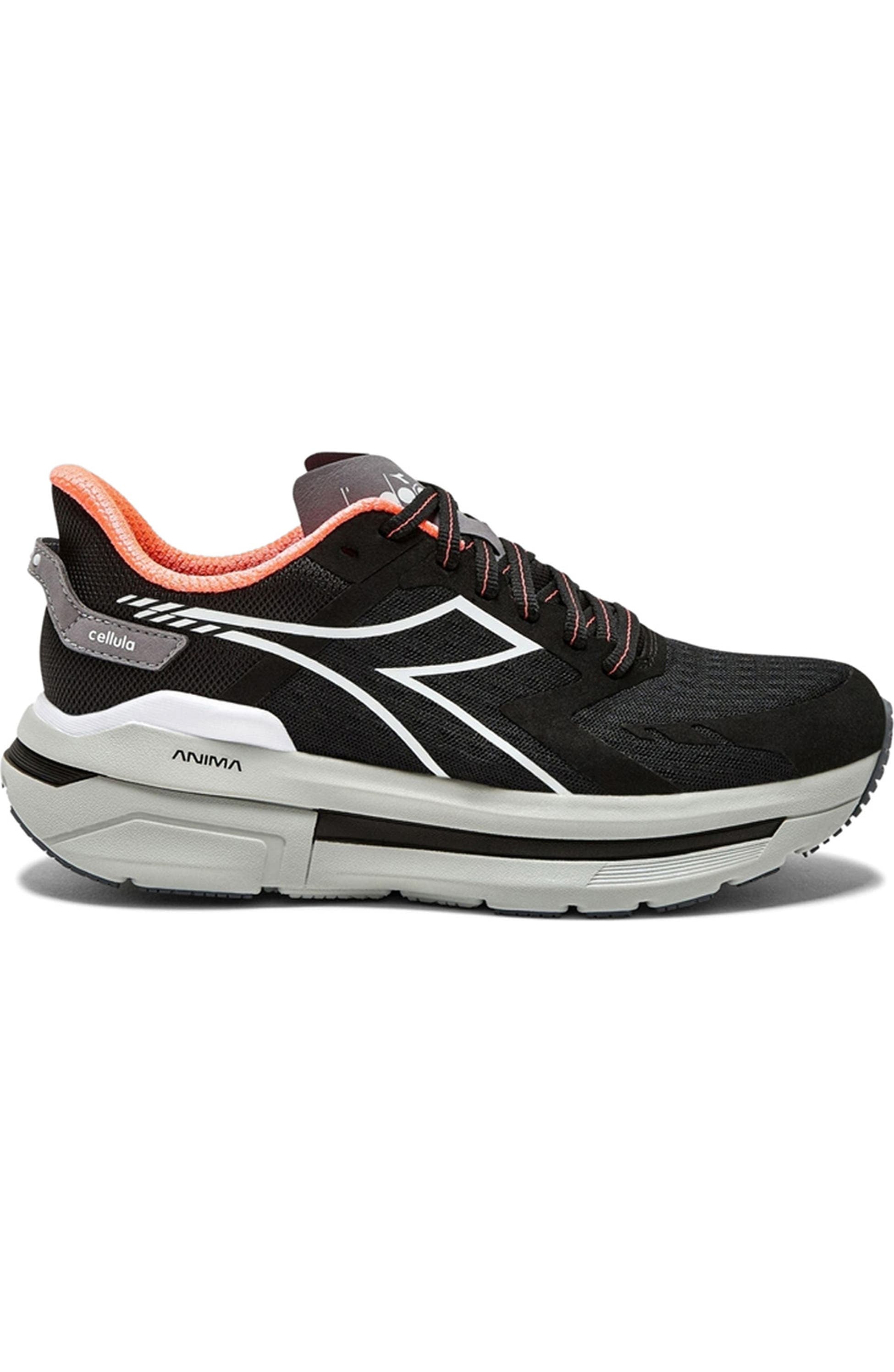 Side view on white background of Womens Diadora Cellula running shoe in Black/Silver, Medium (Regular) width