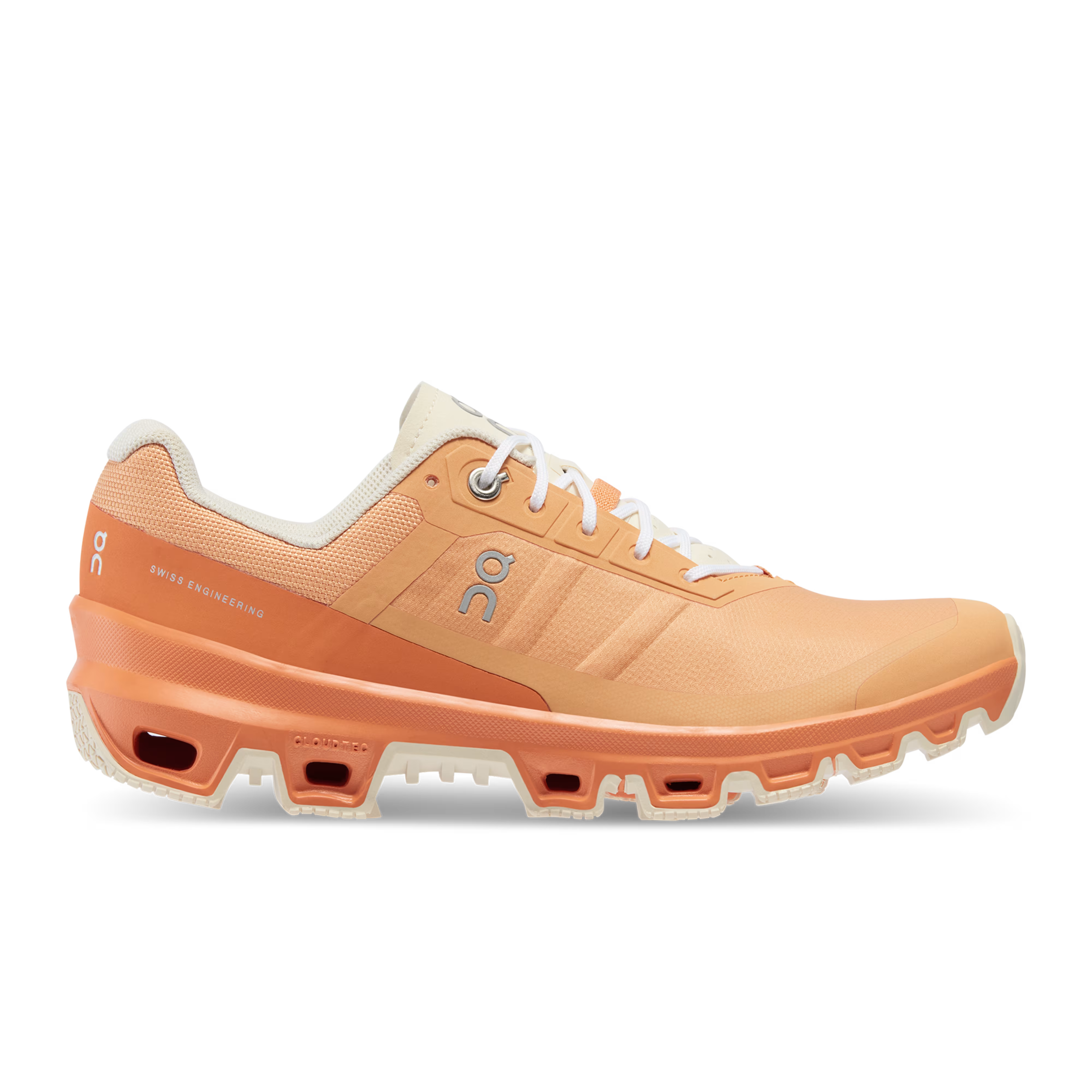 Side view on white background of Womens On Cloudventure 3 running shoe in Copper/Orange, Medium (Regular) width