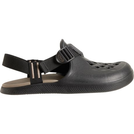 Side view on white background of Mens Chaco Chillos Clog running shoe in Black/Black, Medium (Regular) width