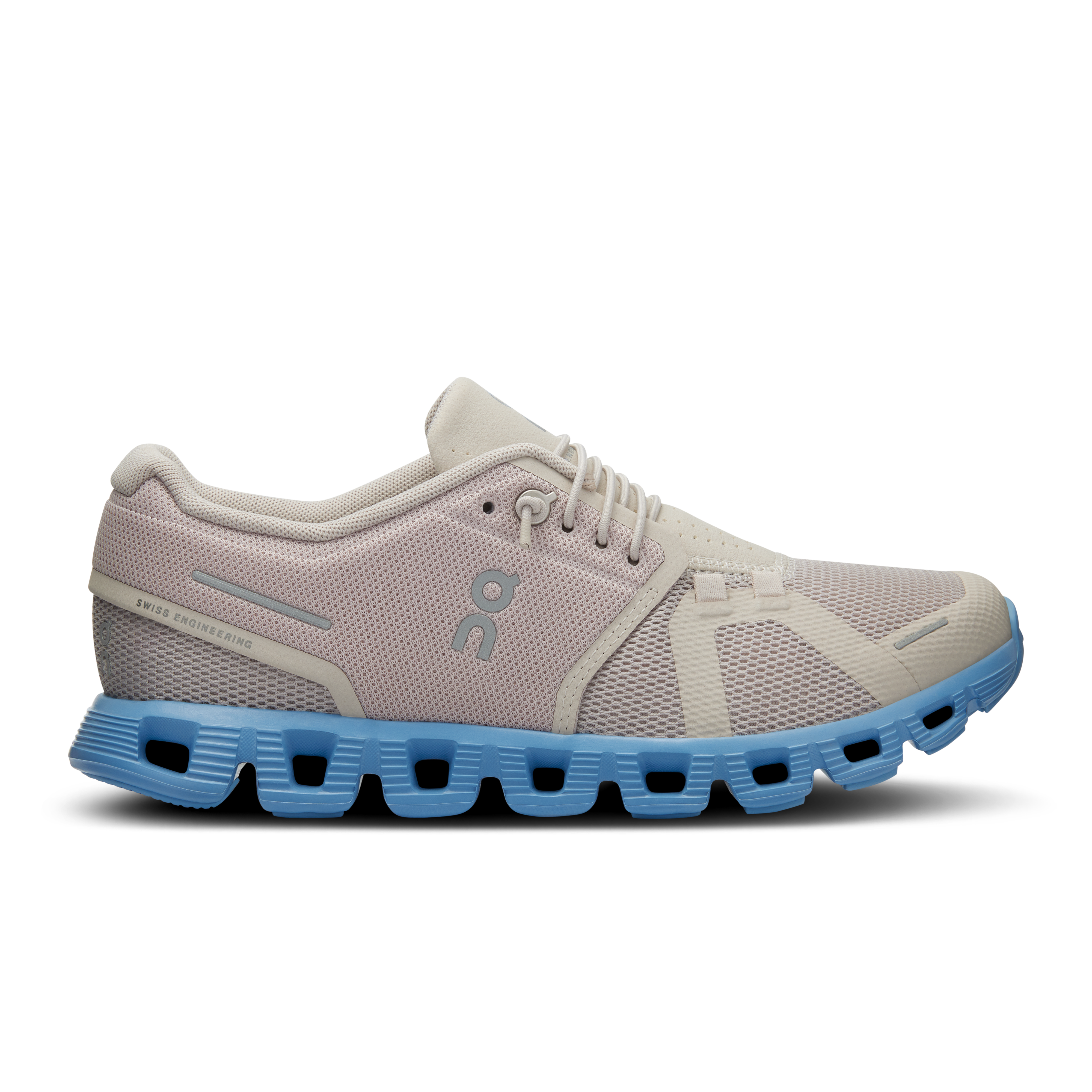 Side view on white background of Womens On Cloud 5 running shoe in Pearl/Neptune, Medium (Regular) width