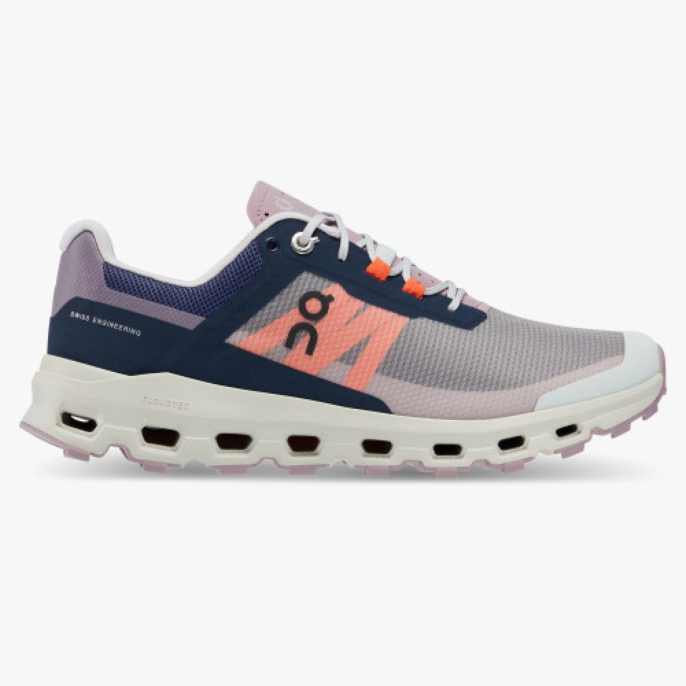 Side view on white background of Womens On Cloudvista running shoe in Midnight/Mineral, Medium (Regular) width