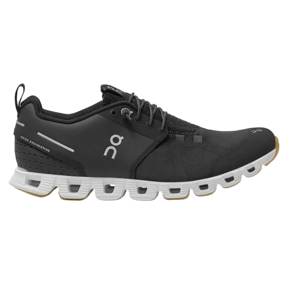 Side view on white background of Womens On Cloud Terry running shoe in Black/White, Medium (Regular) width