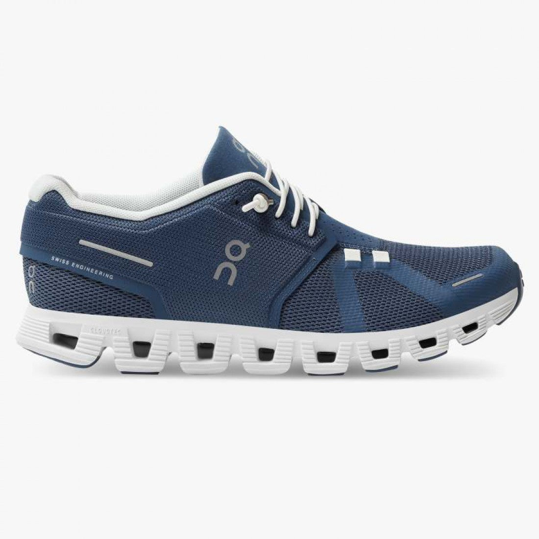 Side view on white background of Womens On Cloud 5 running shoe in Denim/White, Medium (Regular) width