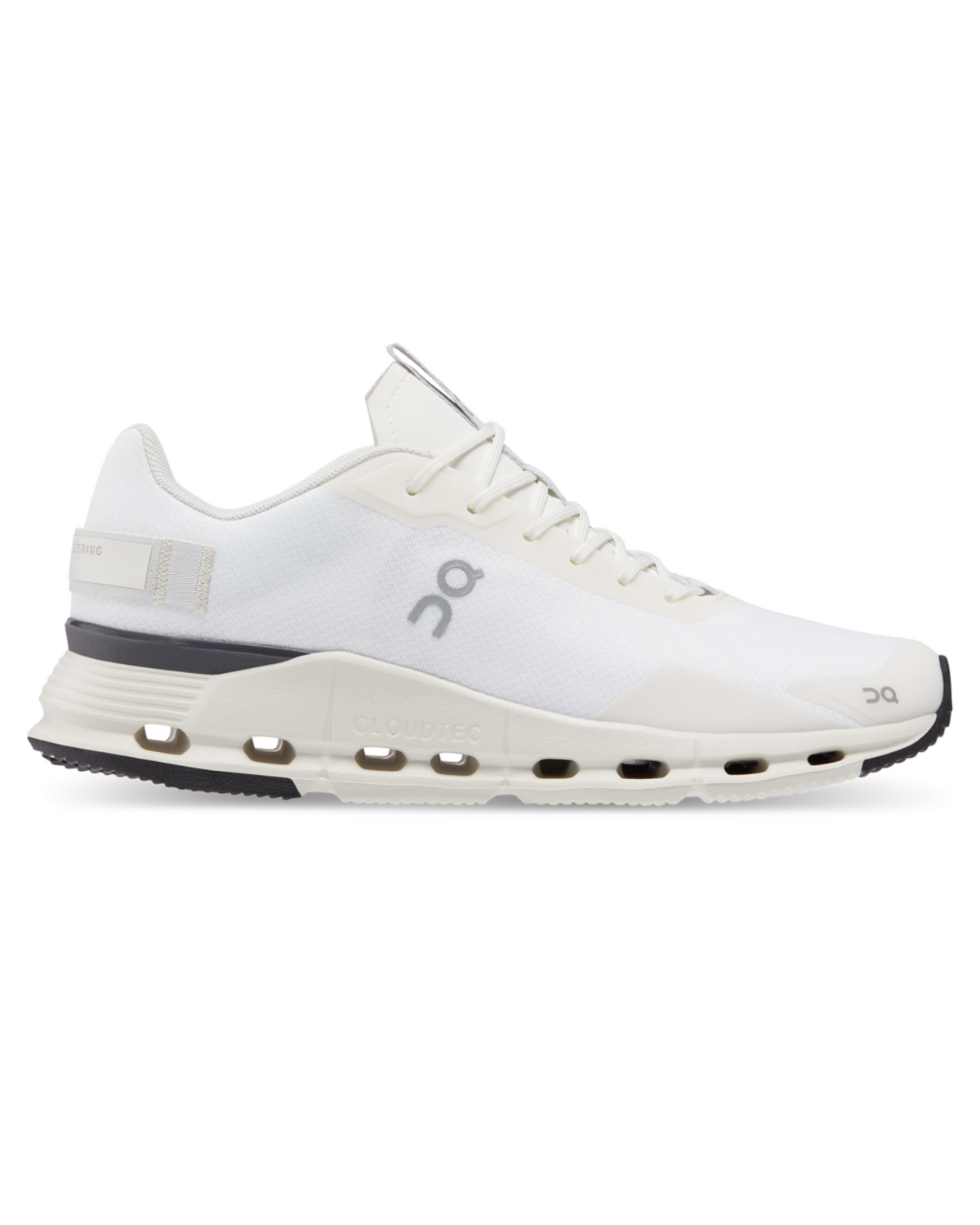 Side view on white background of Mens On Cloudnova Form running shoe in White/Eclipse, Medium (Regular) width