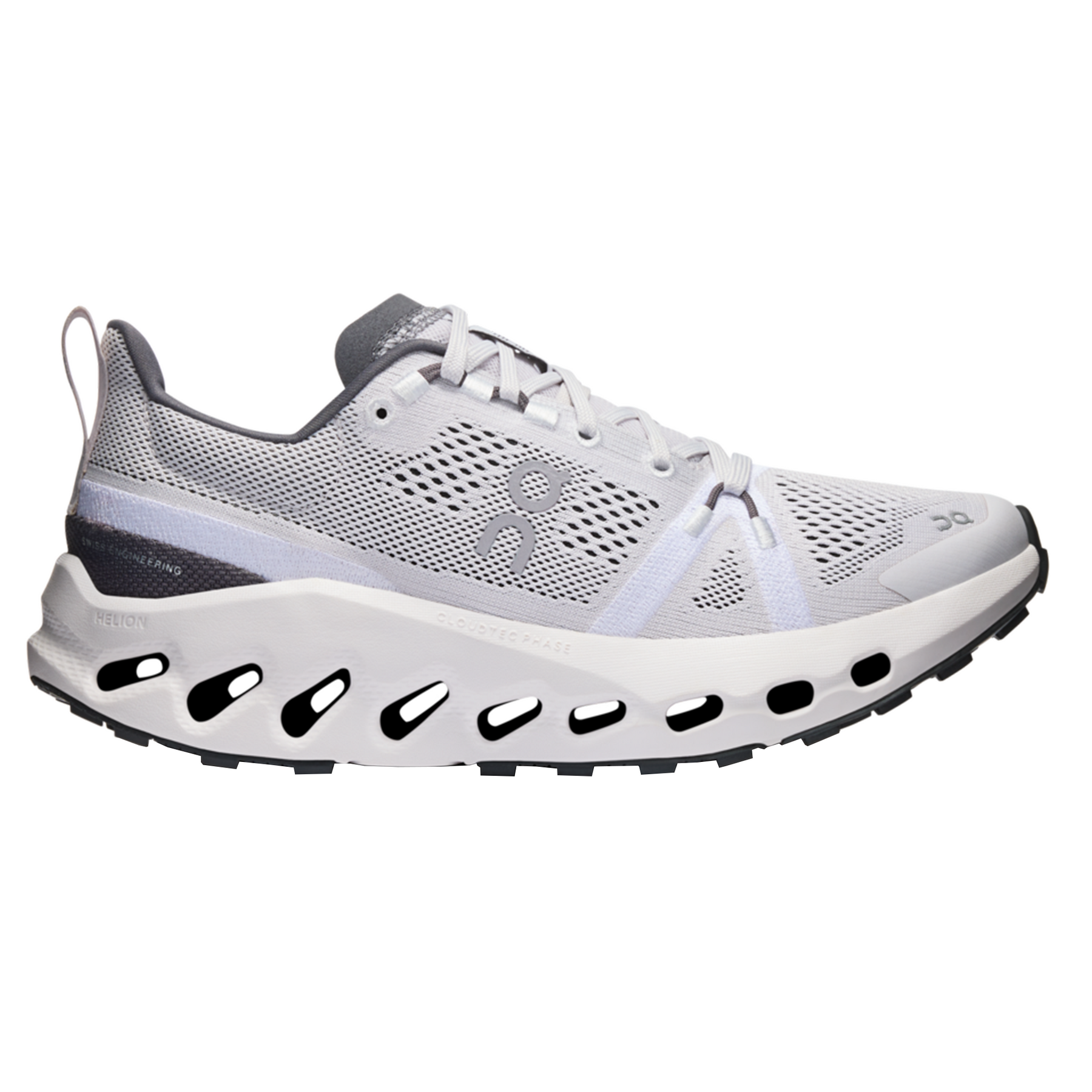 Side view on white background of Womens On Cloudsurfer Trail running shoe in Frost/White, Medium (Regular) width