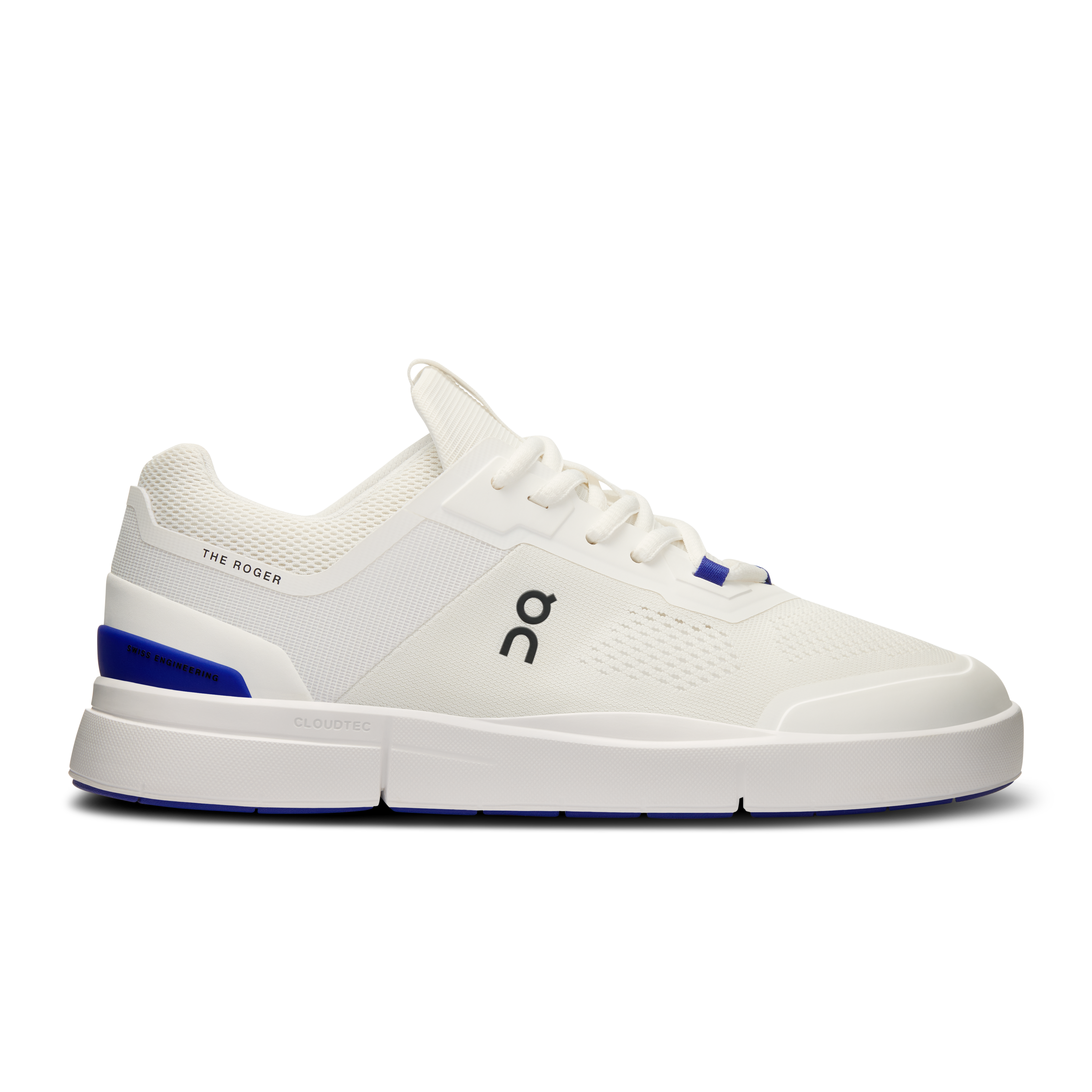 Side view on white background of Womens On The Roger Spin 2 running shoe in Undyed/Indigo, Medium (Regular) width