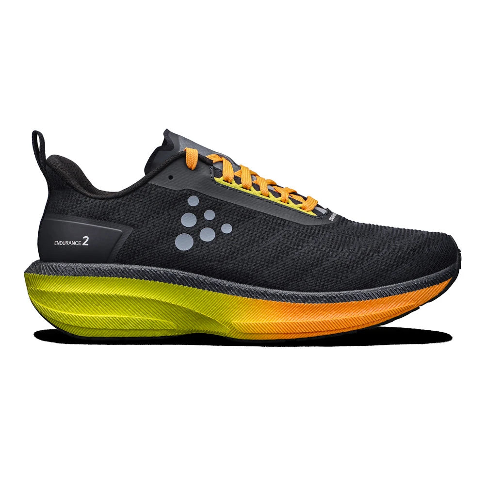 Side view on white background of Mens Craft Endurance 2 running shoe in Blaze/Sulfur, Medium (Regular) width