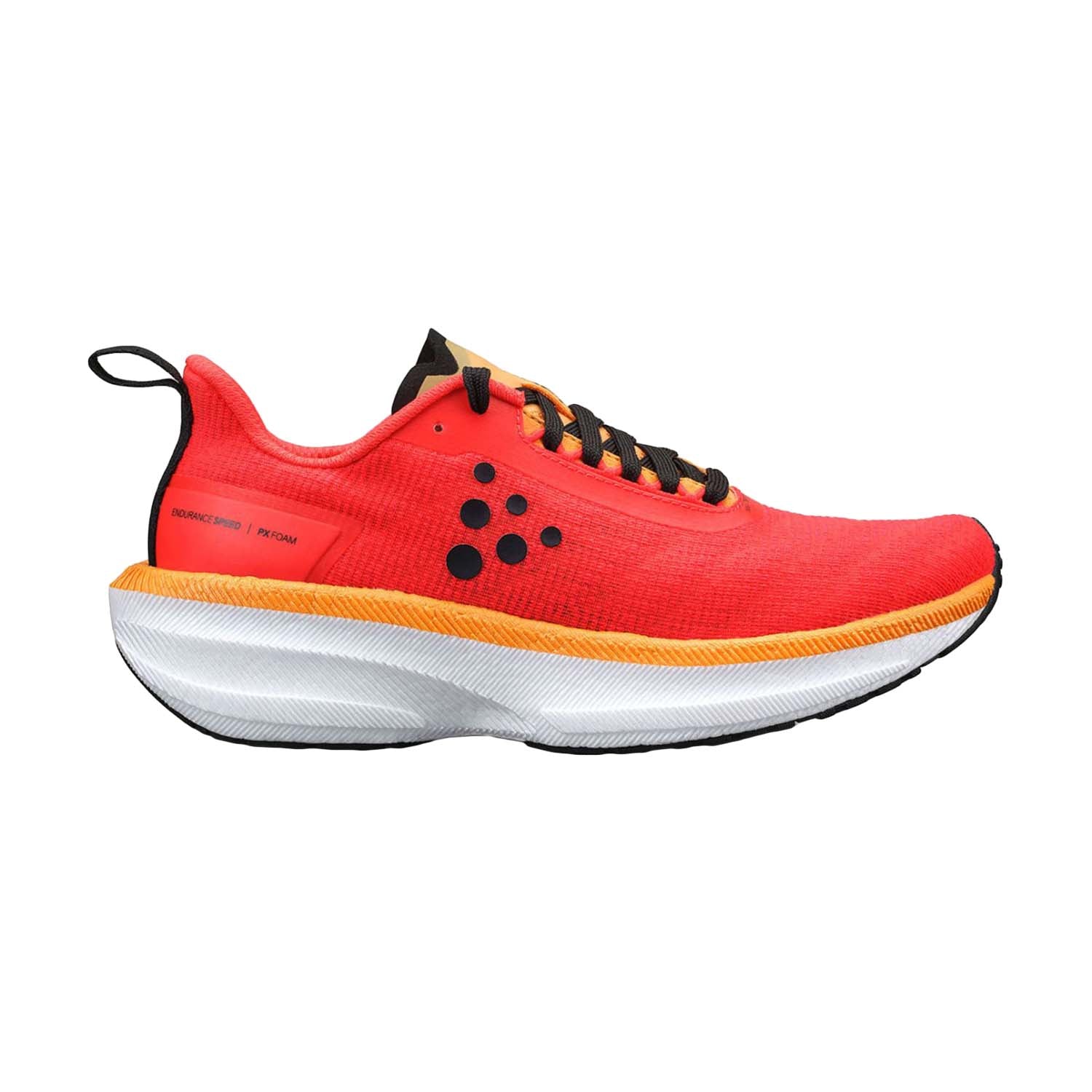 Side view on white background of Womens Craft Endurance 2 running shoe in Inferno/Sour, Medium (Regular) width