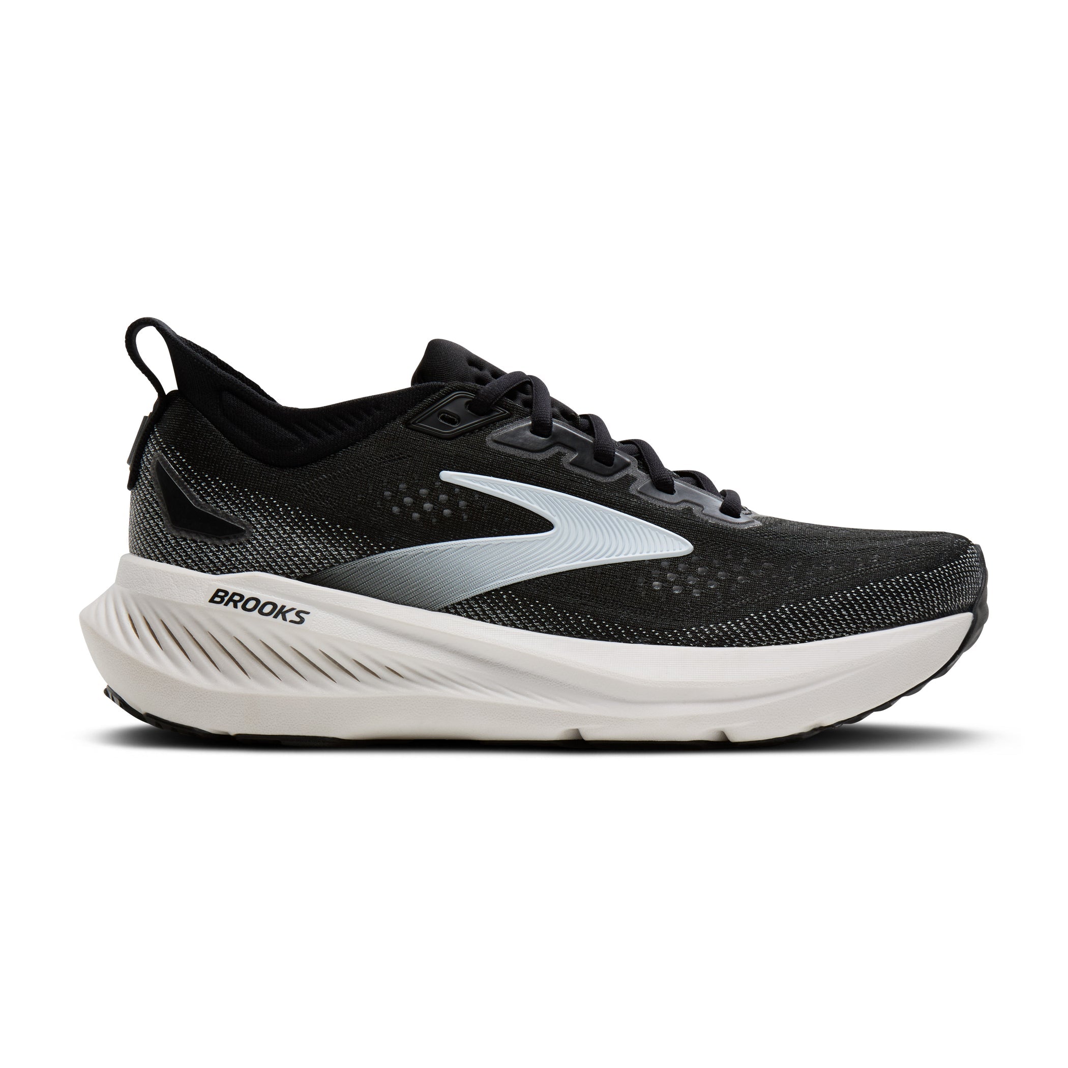 Side view on white background of Mens Brooks Glycerin 23 running shoe in Black/Grey/White, Wide width