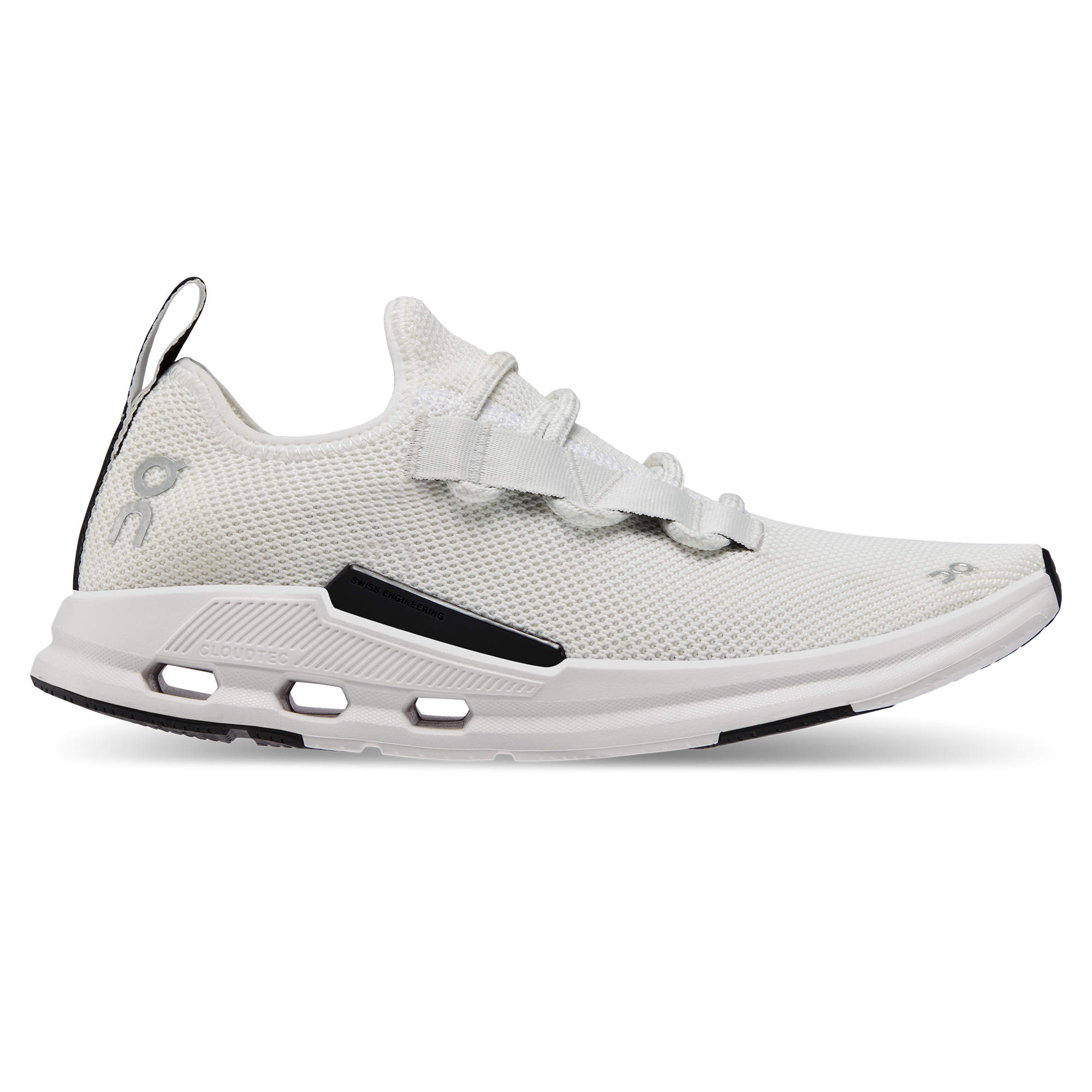 Side view on white background of Womens On Cloudeasy running shoe in Undyed-White/Black, Medium (Regular) width